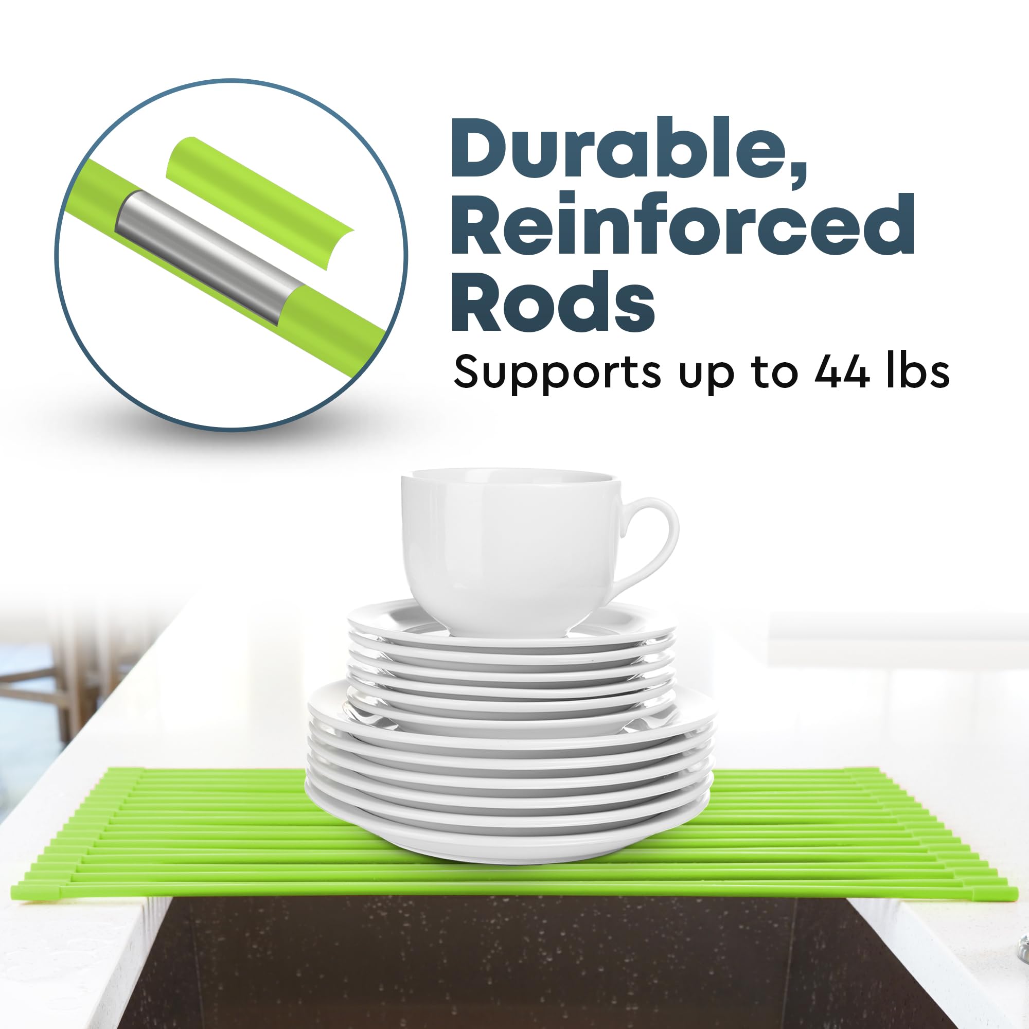 Zulay Kitchen Large Roll Up Dish Drying Rack - Heavy Duty Silicone Wrapped Steel Rods Over Sink Dish Drying Rack - Versatile Roll Up Sink Drying Rack & Trivet - Green, 20.5 x 13 Inches - Perfect for Small Kitchens, Apartments, and RV Use