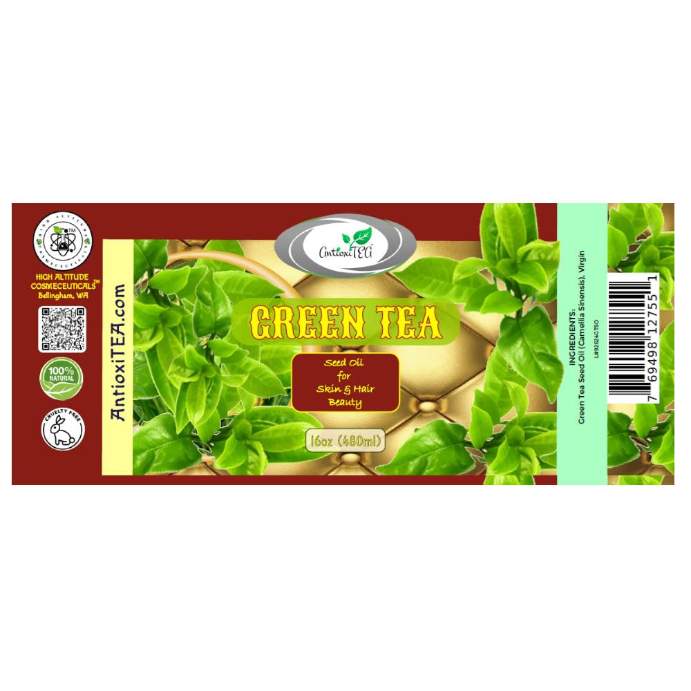 Organic Cold-Pressed Green Tea Seed Oil (Camellia Sinensis) - 16oz (480ml) Virgin, Unrefined - For Skin Care, Hair Treatment & Cooking - Antioxidant Rich Facial Serum & Healthy Cooking Oil