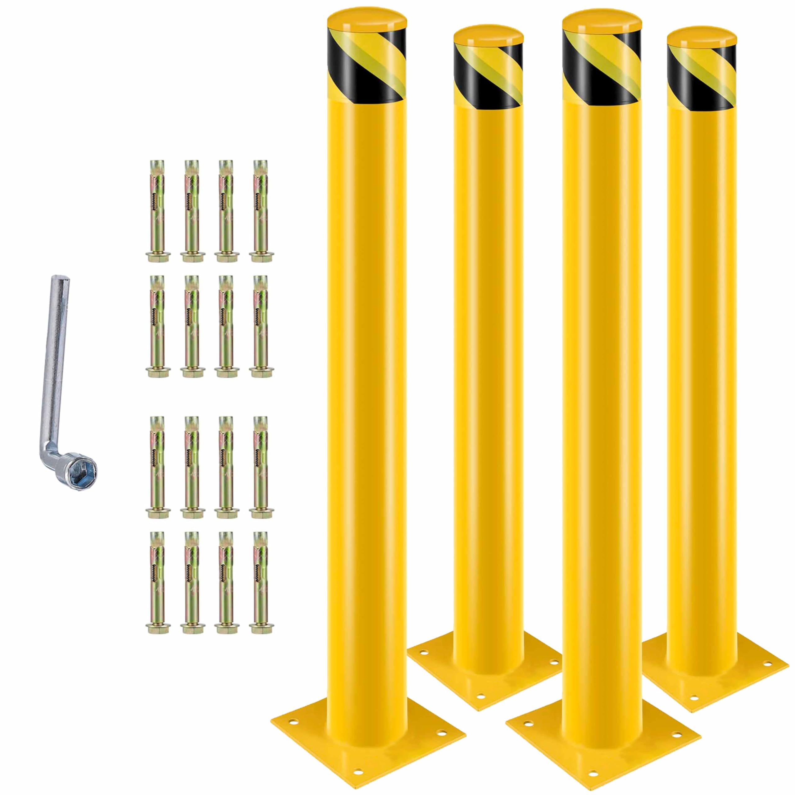 42-Inch Tall Steel Safety Bollard with 4.5-Inch Diameter - Heavy Duty Yellow Traffic Bollards with 16 Anchor Bolts for Maximum Stability - Ideal for Parking Lots, Warehouses, and High-Traffic Areas (4-Pack)