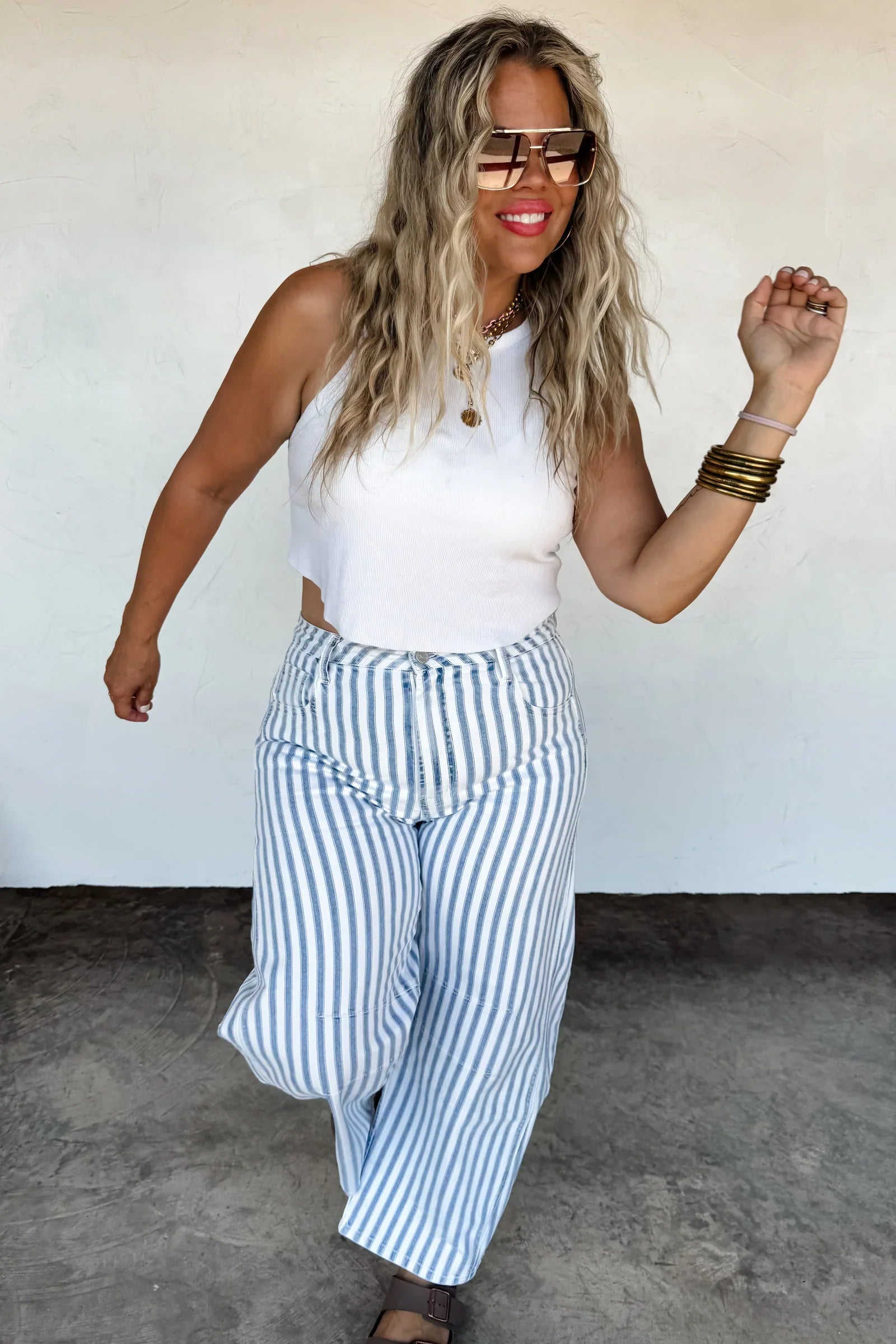 PREORDER: Beachy Stripe Barrel Jeans - Women's High Waisted Distressed Denim Pants for Summer Vacations & Casual Outings