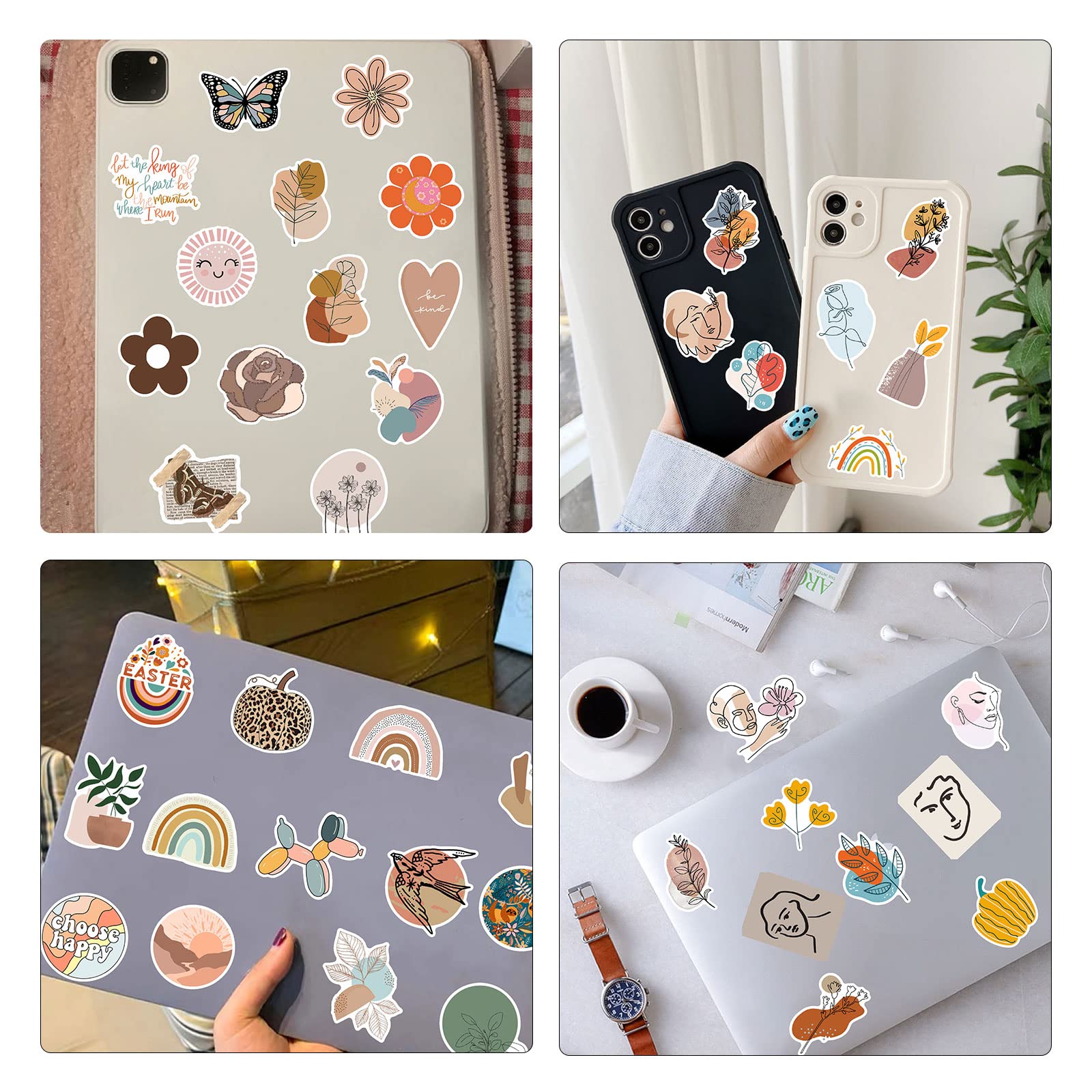100 Pcs Aesthetic Boho Stickers - Waterproof Vinyl Decals for Water Bottles, Laptops, Phones, Journals | Scrapbooking Supplies for Teens, Girls & Adults | Perfect for DIY Crafts, Bullet Journals & Gift Decorations