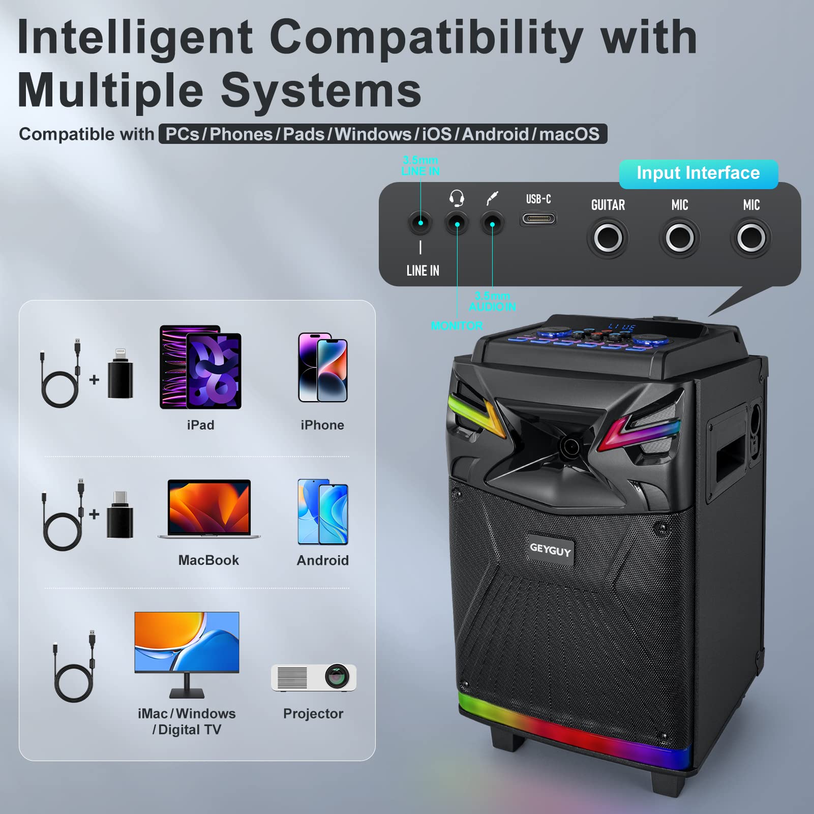 GTSK10-1 Professional Karaoke Machine with Bluetooth, 2 Wireless Mics & LED Lights - Portable PA System for Live Streaming, Voice Monitoring & Tablet Lyrics Display - Perfect for Home Parties, Church Events, DJ Performances & TV Singing Entertainment