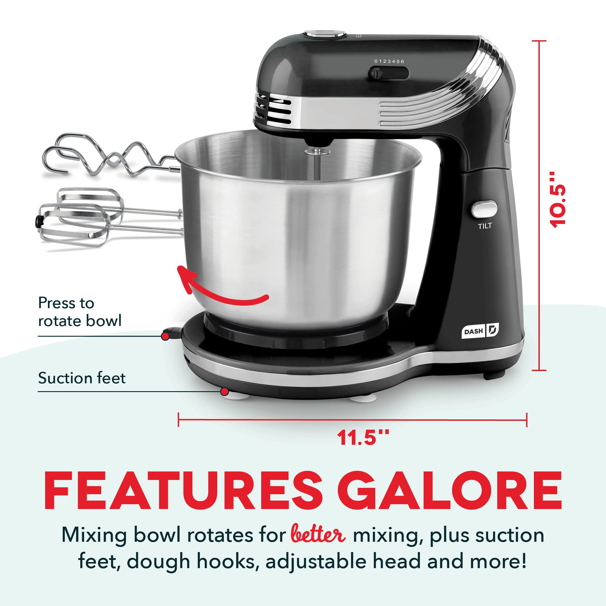 6-Speed Electric Stand Mixer with 3 qt Stainless Steel Bowl - Dough Hooks & Beaters for Baking, Frosting, Meringues - Perfect for Home Kitchen & Small Bakery (Black)