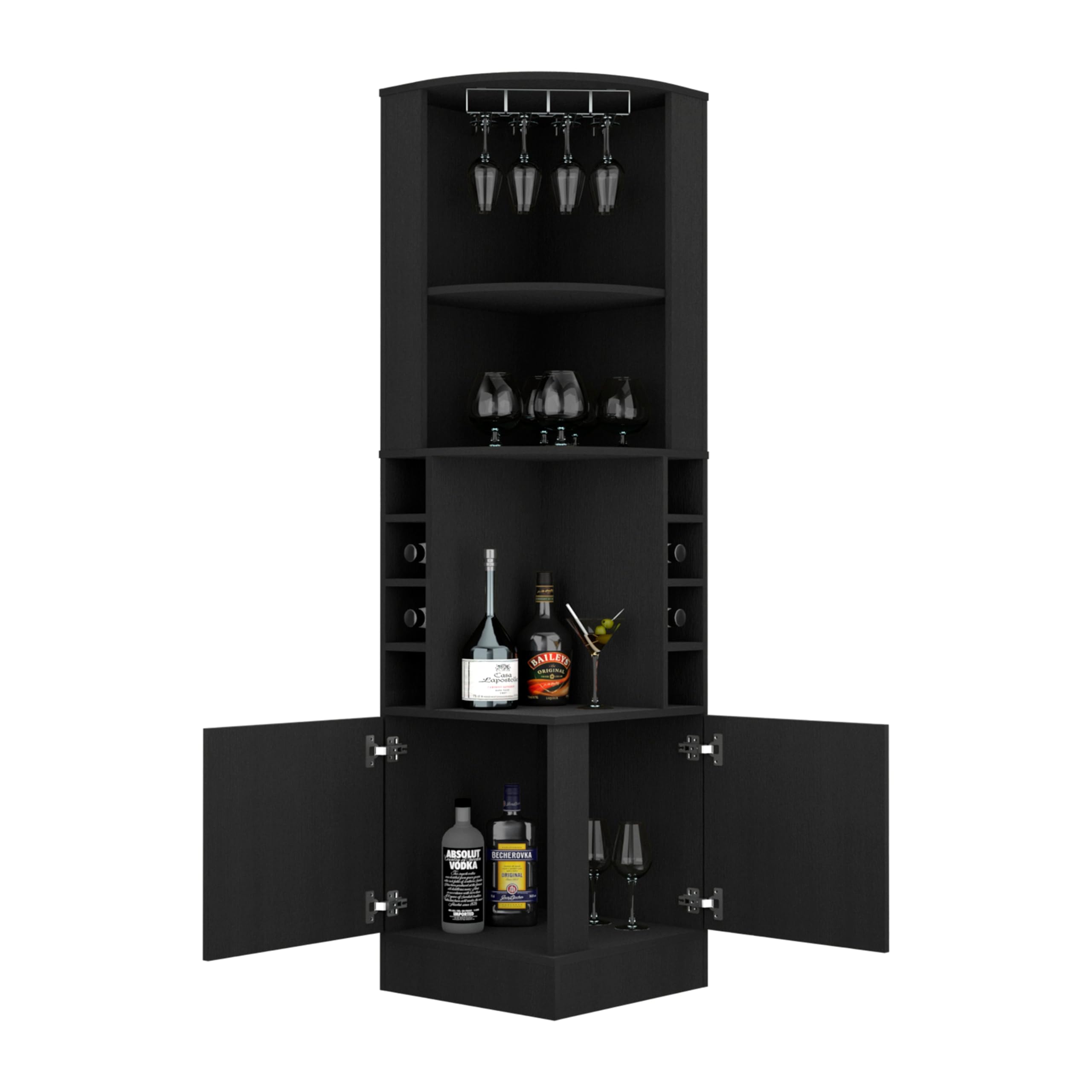 Tuhome Black Syrah Corner Bar Cabinet with 8 Bottle Cubbies, Double Doors & 2 Open Shelves - Space-Saving Home Bar for Living Room, Dining Room or Man Cave