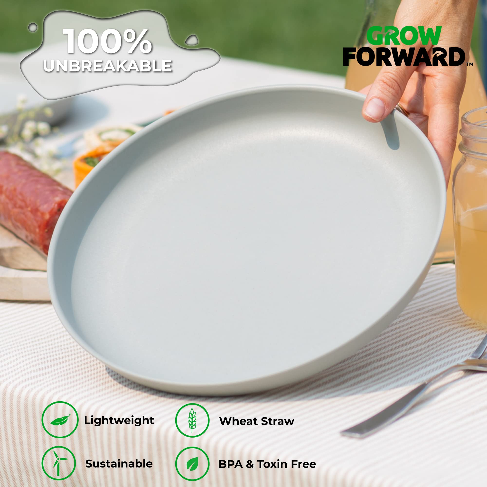 Premium 10-Inch Wheat Straw Plates Set of 8 - Unbreakable Reusable Dinner Plates, Microwave & Dishwasher Safe - Eco-Friendly Hard Plastic Plates for Camping, RV, Outdoor Dining, Picnics, Parties & Everyday Kitchen Use - Feather Lightweight Design