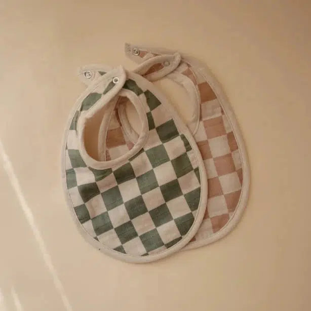 Mushie Organic Cotton Muslin Bibs 2 Pack - Soft & Absorbent Baby Drool Bibs for Feeding & Teething - Perfect for Newborns & Toddlers (Check Pattern)