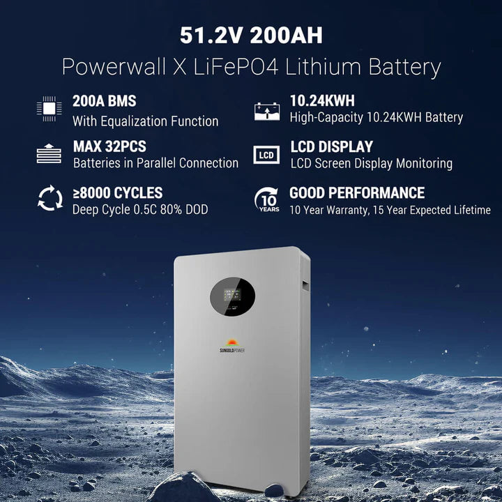 Powerwall X 51.2V 200AH Lithium Battery - SG48200T High Capacity Solar Energy Storage for Home Backup & Off-Grid Power Systems