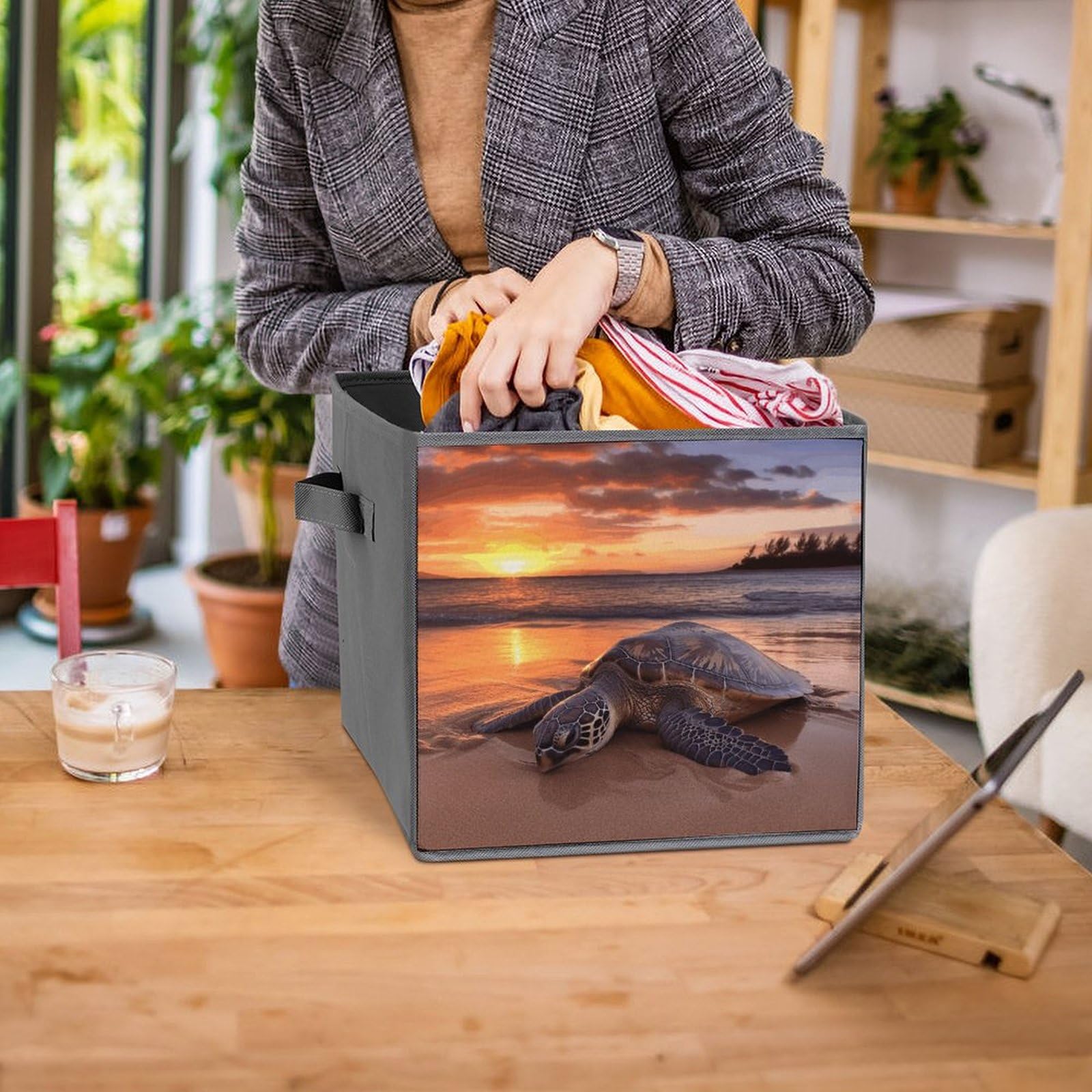 Large Collapsible Sea Turtle Sunset Storage Bins - 2-Pack Foldable Closet Organizer Cubes with Handles for Home & Office Organization | Perfect for Bedroom, Kids' Room, and Underbed Storage