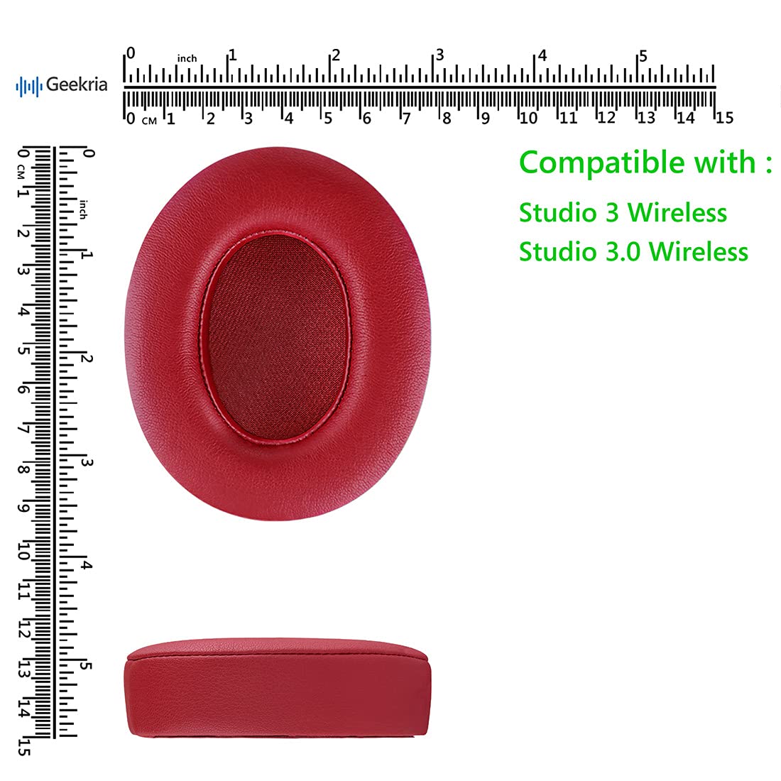 Geekria PRO Extra Thick Replacement Ear Pads for Beats Studio 3 Wireless Headphones (A1914) - Premium Memory Foam Ear Cushions, Noise Isolation Earpads, Comfortable Headset Repair Parts (Red) - Perfect for Gaming, Music & Travel