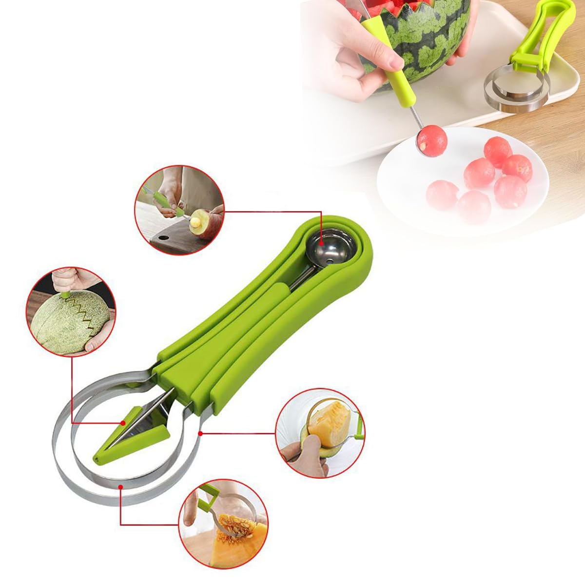 4-in-1 Multifunctional Melon Baller Scoop Set - Fruit Carving Tools, Cookie Scoop, Watermelon Cutter Knife & Peeler - Perfect for Fruit Salad, Dessert Garnishing & Party Food Prep