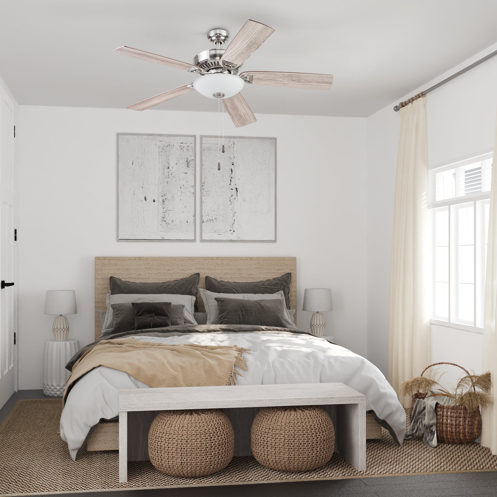 52 Inch Montlake Brushed Nickel Ceiling Fan with Pull Chain - Modern Indoor Cooling for Living Room, Bedroom & Office
