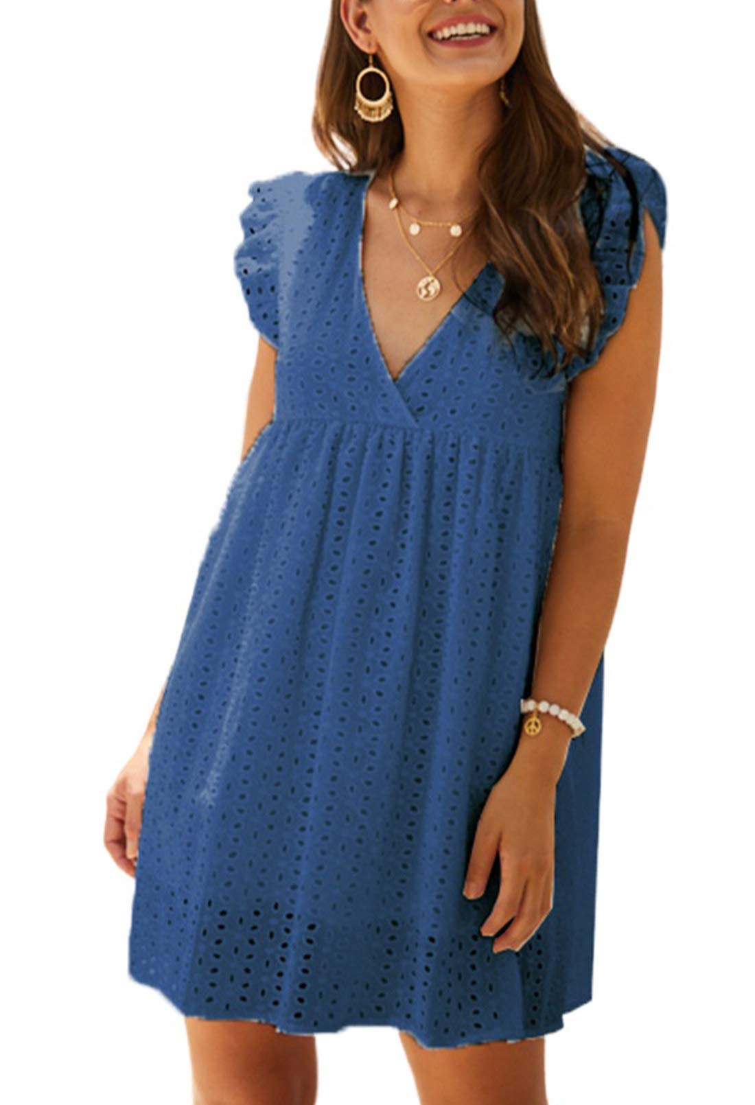 AOHITE Women's Sexy Deep V Neck Ruffle Sleeveless Mini Dress - Summer Loose Short Dress for Vacation, Beach Party & Night Out