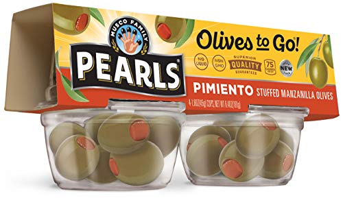 Pearls Olives To Go! Pimiento Stuffed Spanish Green Olives - 1.6 oz (24 Cups) | Perfect for Snacking, Charcuterie Boards & Mediterranean Recipes