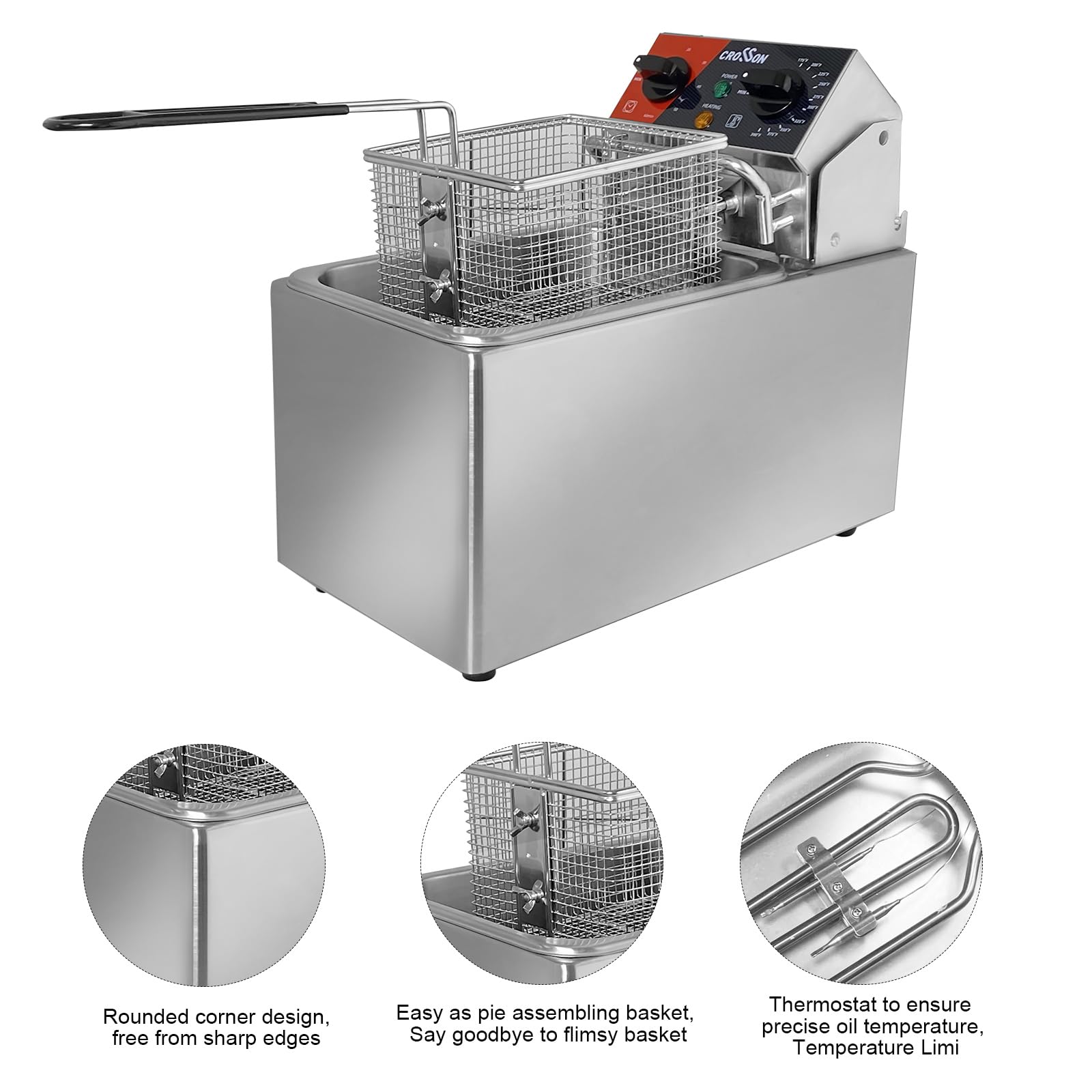 Crosson 10Lbs Electric Countertop Deep Fryer - 4.5L Capacity with Removable 304 Stainless Steel Oil Tank & Basket | Easy Clean Rotary Fryer Head, 30-Minute Timer | Perfect for Home Cooking, Restaurants & Catering - Fry Chicken, Fish, Donuts & More