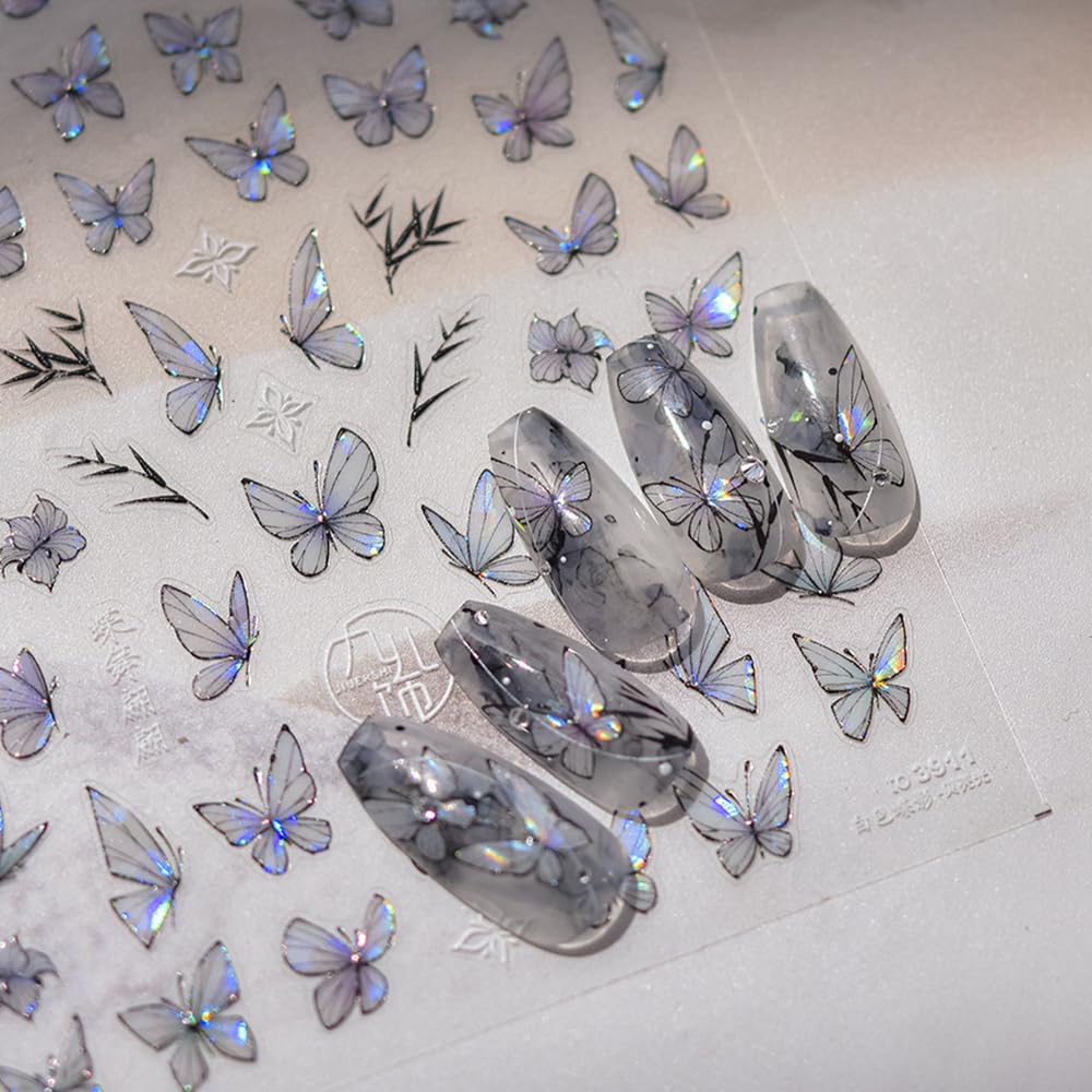 2 Sheets Butterfly Nail Stickers for Nail Art - Shell Glitter Nail Decorations, Purple Grey Butterfly Nail Decals with 3D Relief Design - Perfect for DIY Manicures, Parties, and Special Occasions