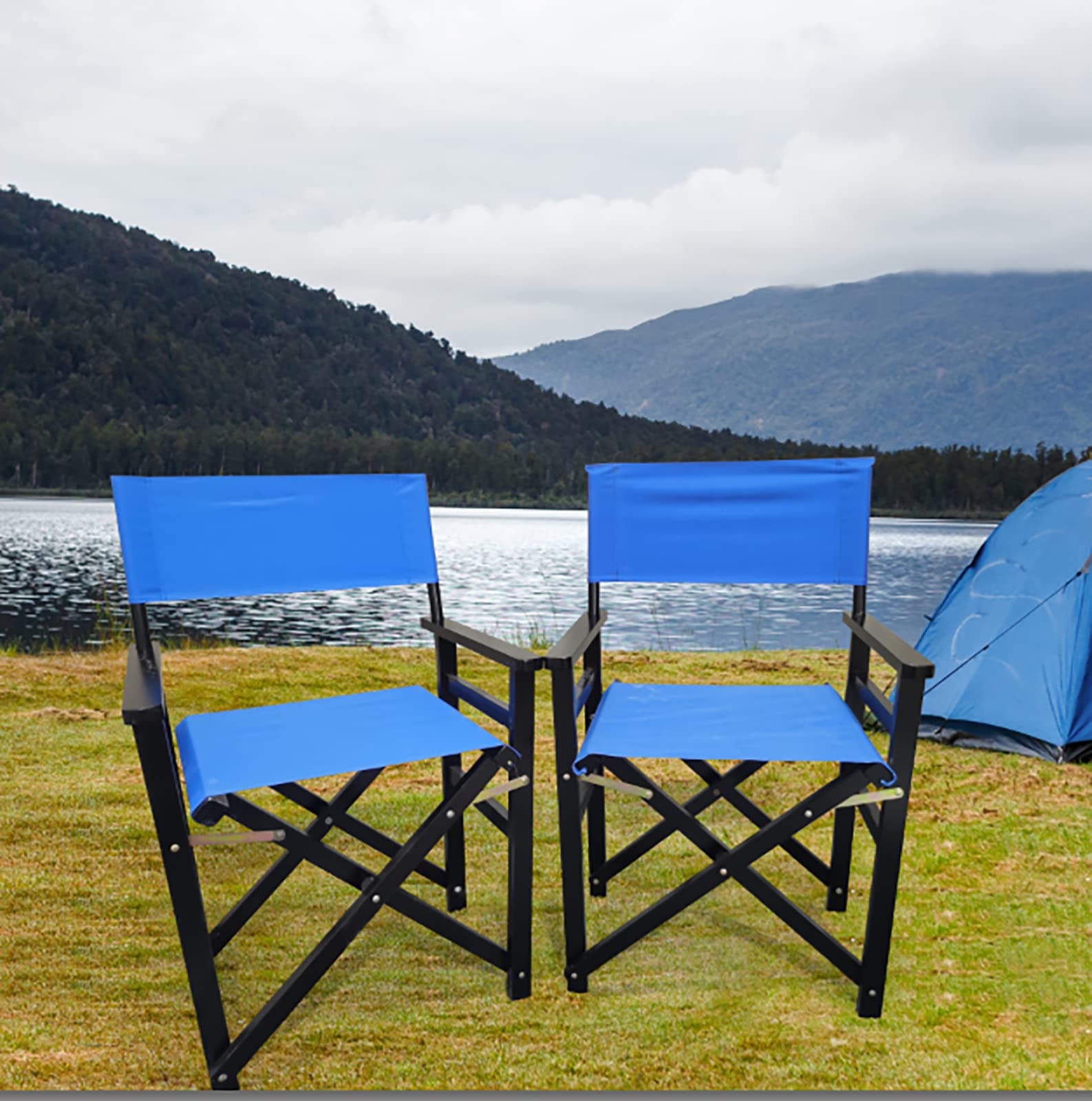 2 Pack Wooden Director Folding Chairs - Portable Compact Canvas Camping Chairs for Beach, Patio, Pool, Park, Picnic & Backyard - Lightweight Fishing Chairs (Blue) - Perfect for Outdoor Events, Travel & Home Use