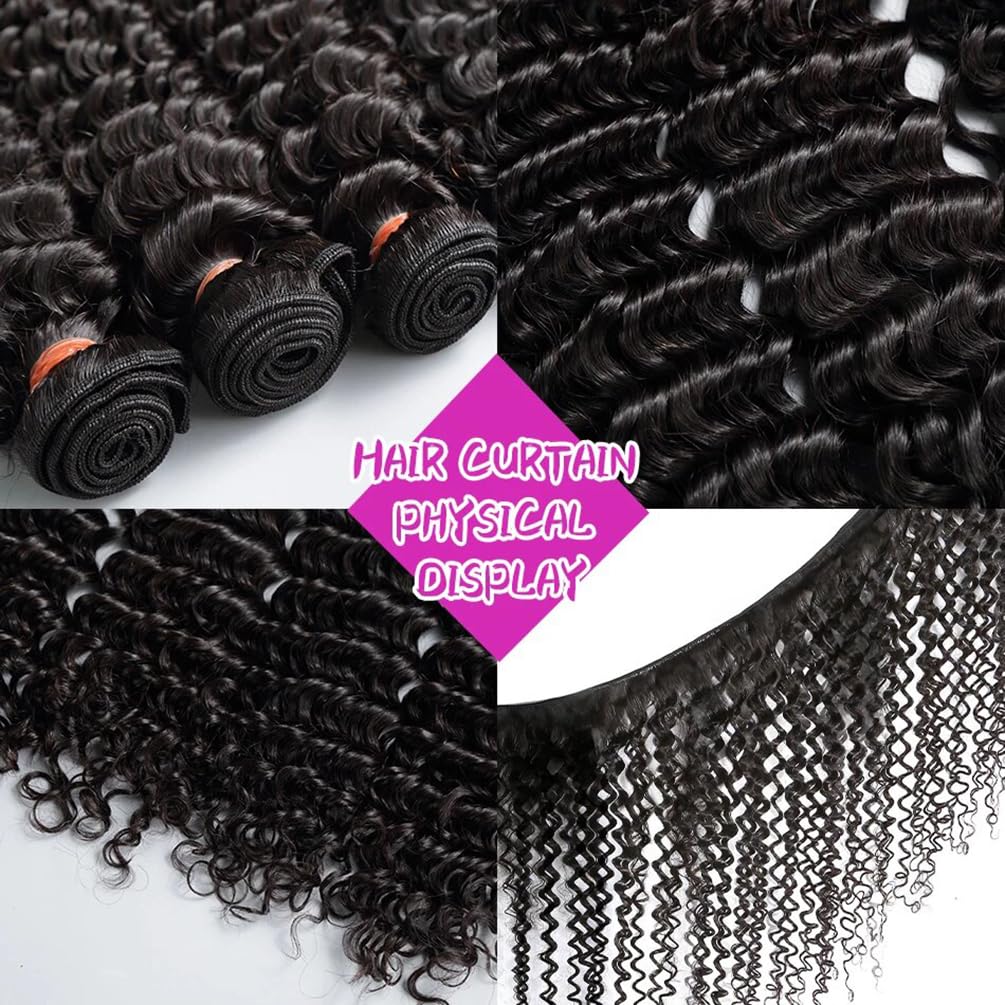 100% Unprocessed Brazilian Virgin Remy Deep Wave Human Hair Bundles (22 24 26 28 Inch) 12A Grade - Natural Black Curly Weft Hair Extensions for Black Women | Perfect for Protective Styles, Weaves & Volume Boosting