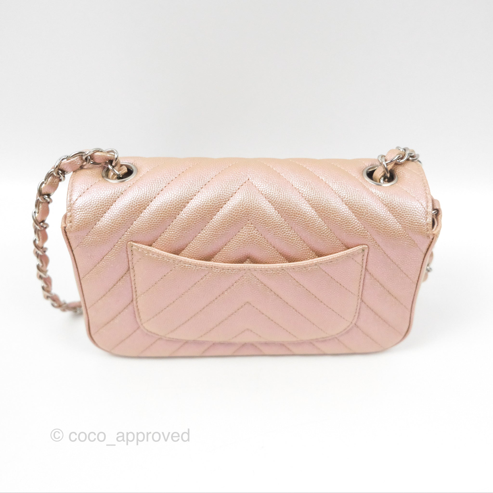Chanel Chevron Mini Rectangular Flap Bag in Iridescent Rose Gold Caviar Leather with Ruthenium Hardware - Perfect for Evening Events & Luxury Fashion Accessories