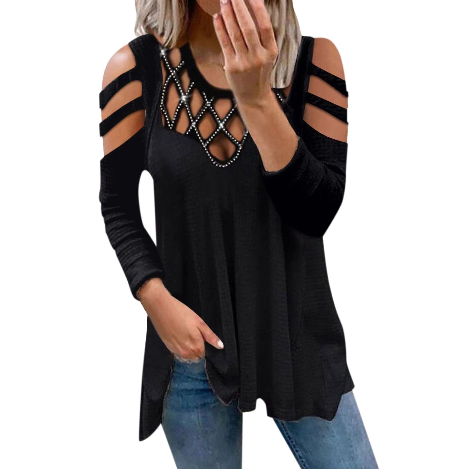 Trendy Women's Cold Shoulder V-Neck Zipper Tunic Tops - Long Sleeve Floral Tie-Dye Loose Fit T-Shirts for Casual Wear & Spring Outfits