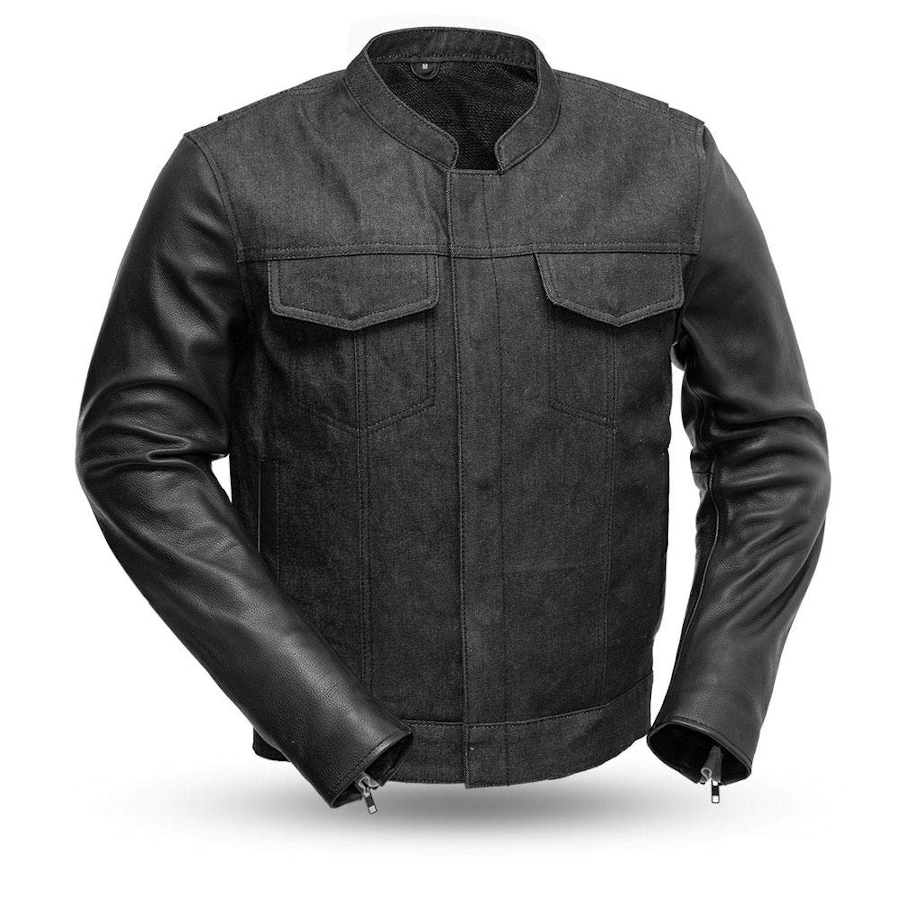 Men's Denim Motorcycle Jacket with Leather Sleeves - Armored Pockets & Gun Pockets for Riding, Outdoor Adventures & Casual Wear | Heavy Duty Biker Jacket for Safety & Style