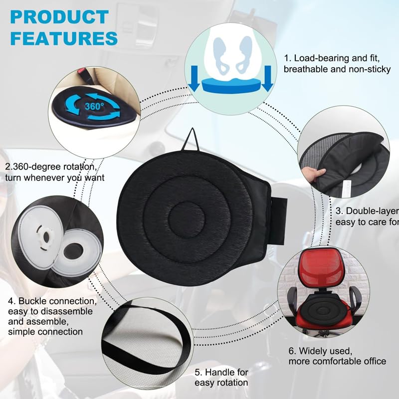 360° Rotating Car Seat Cushion for Elderly - Non-Slip Swivel Cushion for Comfort & Support - Perfect for Long Drives, Office Chairs & Wheelchair Use (Black)