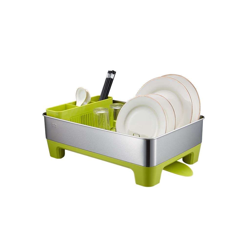 Premium Stainless Steel Dish Drying Rack with Swivel Spout - Large Kitchen Utensil Organizer & Dish Drainer - Fingerprint-Proof Green Steel Frame - Perfect for Countertop Space Saving & Organized Kitchen Storage