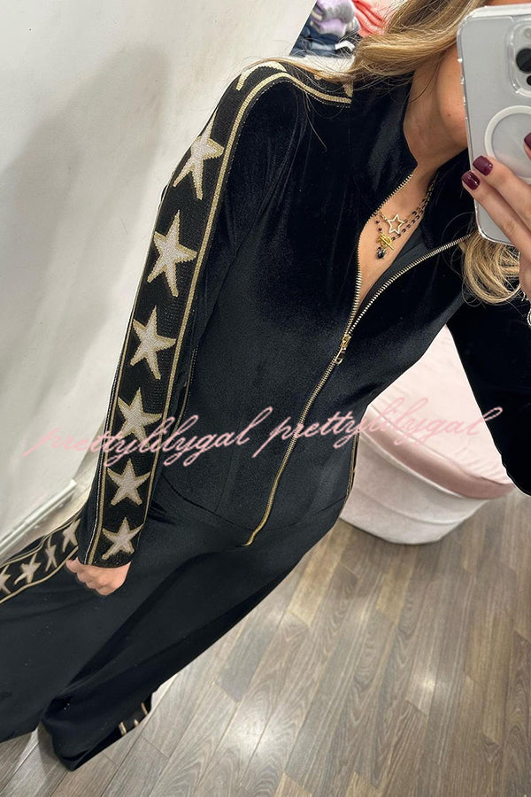 Stylish Star Print Velvet Patchwork Zipped Wide Leg Jumpsuit for Women | Trendy Plus Size Romper | Perfect for Parties, Date Nights & Casual Outings