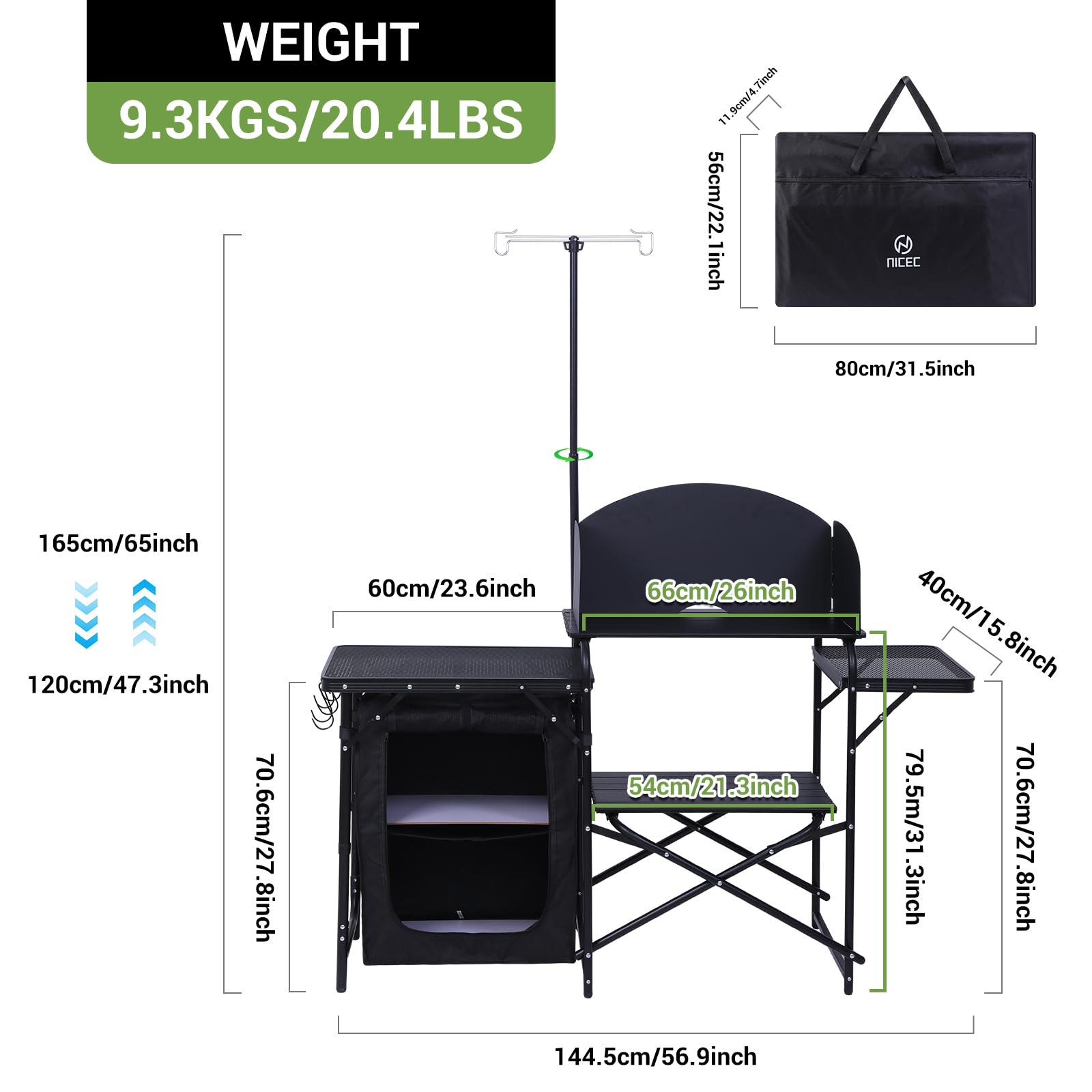 Premium Portable Camping Kitchen Station - Foldable Picnic Table & Grill Stand with Light & Windshield - Compact Cooking Organizer for Outdoor, Beach, BBQ & Tailgating - Includes Carry Bag (Black)
