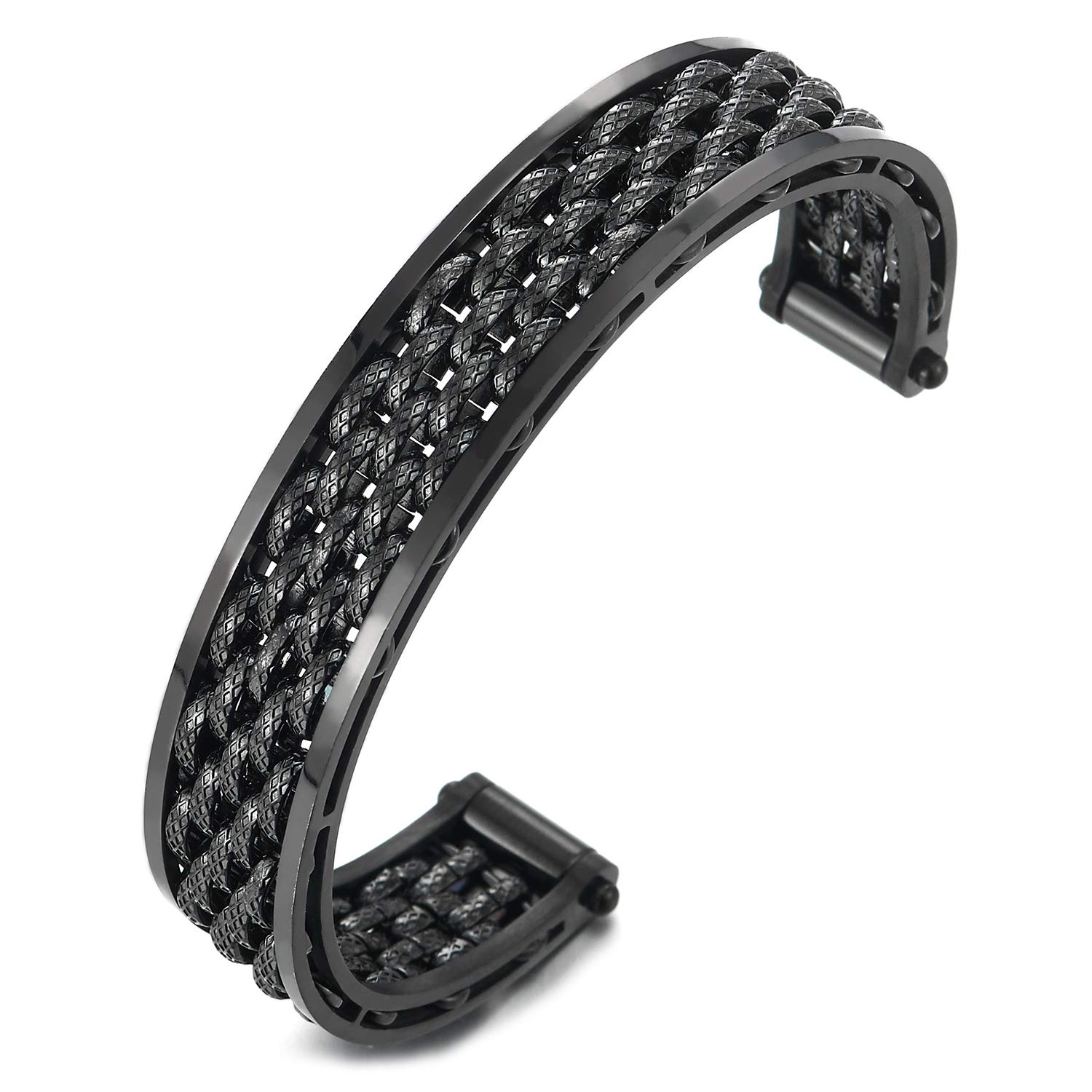 COOLSTEELANDBEYOND Black Stainless Steel Grid Mesh Link Chain Bangle Bracelet for Men & Women - Unisex Fashion Jewelry for Casual Wear, Parties & Gifts