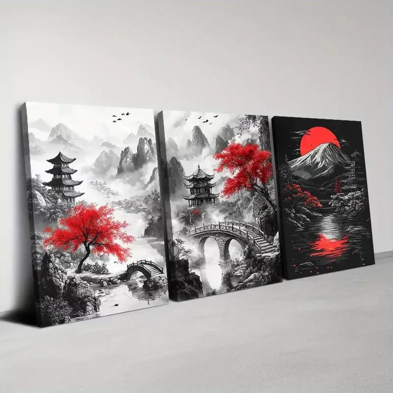 3-Piece Red Tree Bridge and Mountain Landscape Art Set - 50x70cm Framed Canvas Wall Art, High-Quality Print, 100% Australian Made, Ready to Hang - Perfect for Living Room, Bedroom & Office Decor