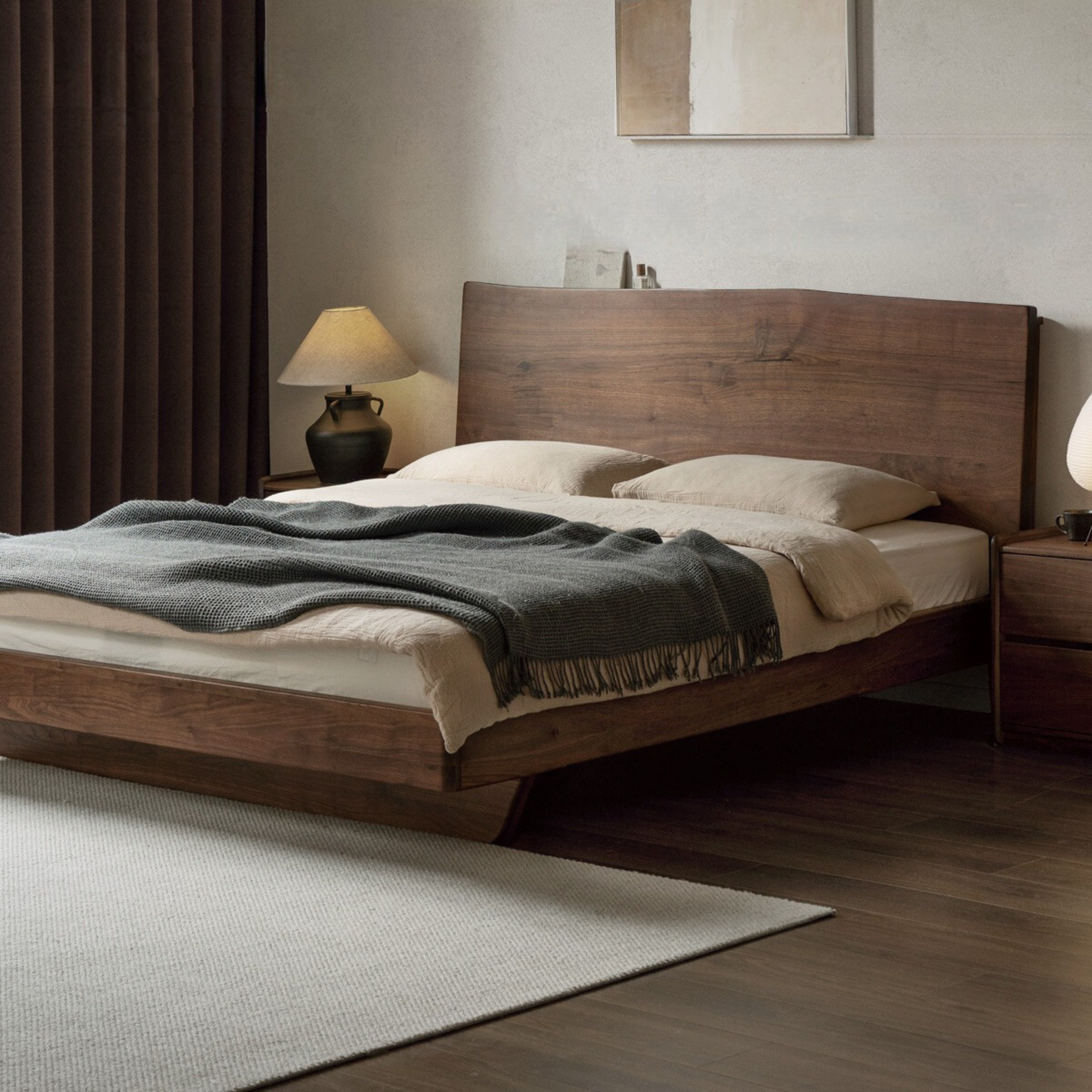 Black Walnut Solid Wood Bed Frame - Wabi Sabi Style Minimalist Bedroom Furniture for Zen & Japandi Home Decor