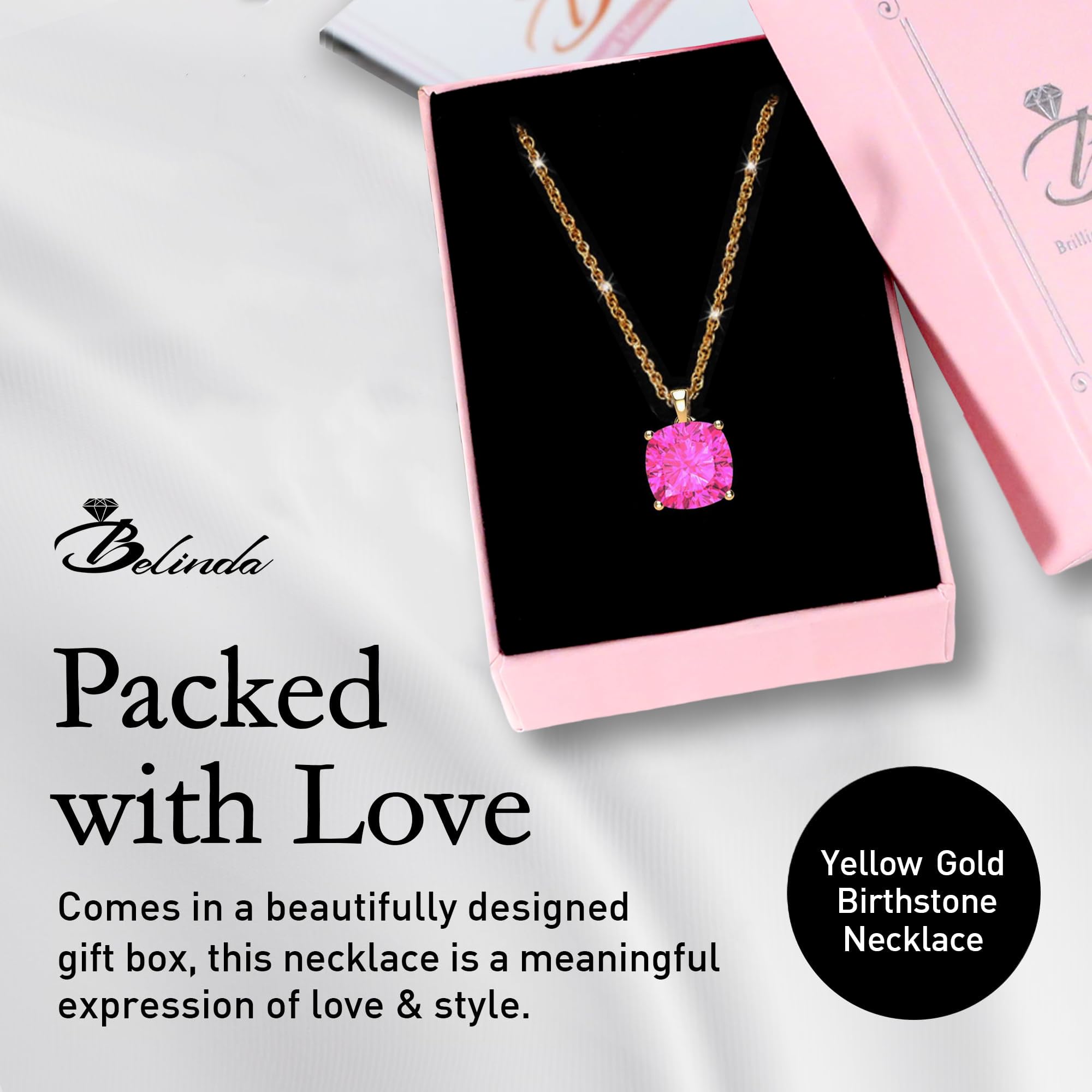 14K White & Yellow Gold Birthstone Pendant Necklace for Women - Sparkling Cushion Cut Gemstone with Sterling Silver Chain - Elegant Fine Jewelry Gift for Birthday, Anniversary & Special Occasions