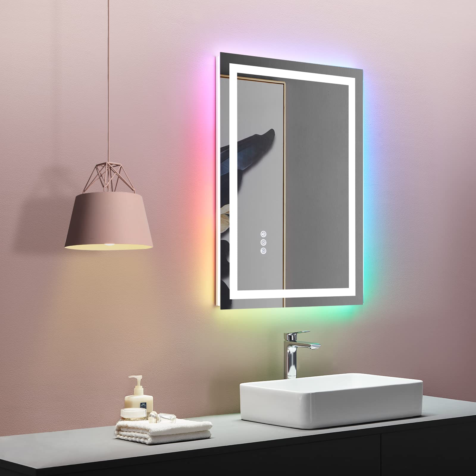 LOAAO 20x28 Inch LED Bathroom Mirror with Anti-Fog & Dimmable Lights - RGB Backlit + Front Lighting, Waterproof Wall Mount Vanity Mirror with Memory Function & Tempered Glass - Perfect for Modern Bathrooms, Makeup Application, and Spa-Like Ambience