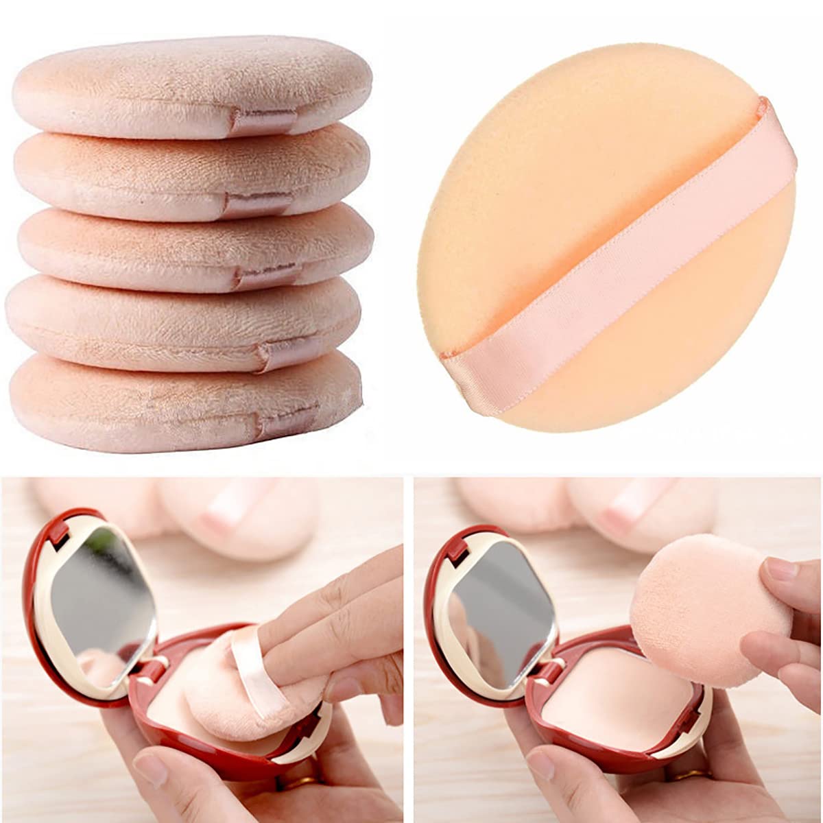 SHULLIN 6Pcs Round Makeup Powder Puffs - Washable & Reusable Cosmetic Sponge with Ribbon Handle for Foundation, Cream, Blush - Perfect for Wet/Dry Application & Daily Makeup Routine (Great for Travel & Professional Makeup Artists)