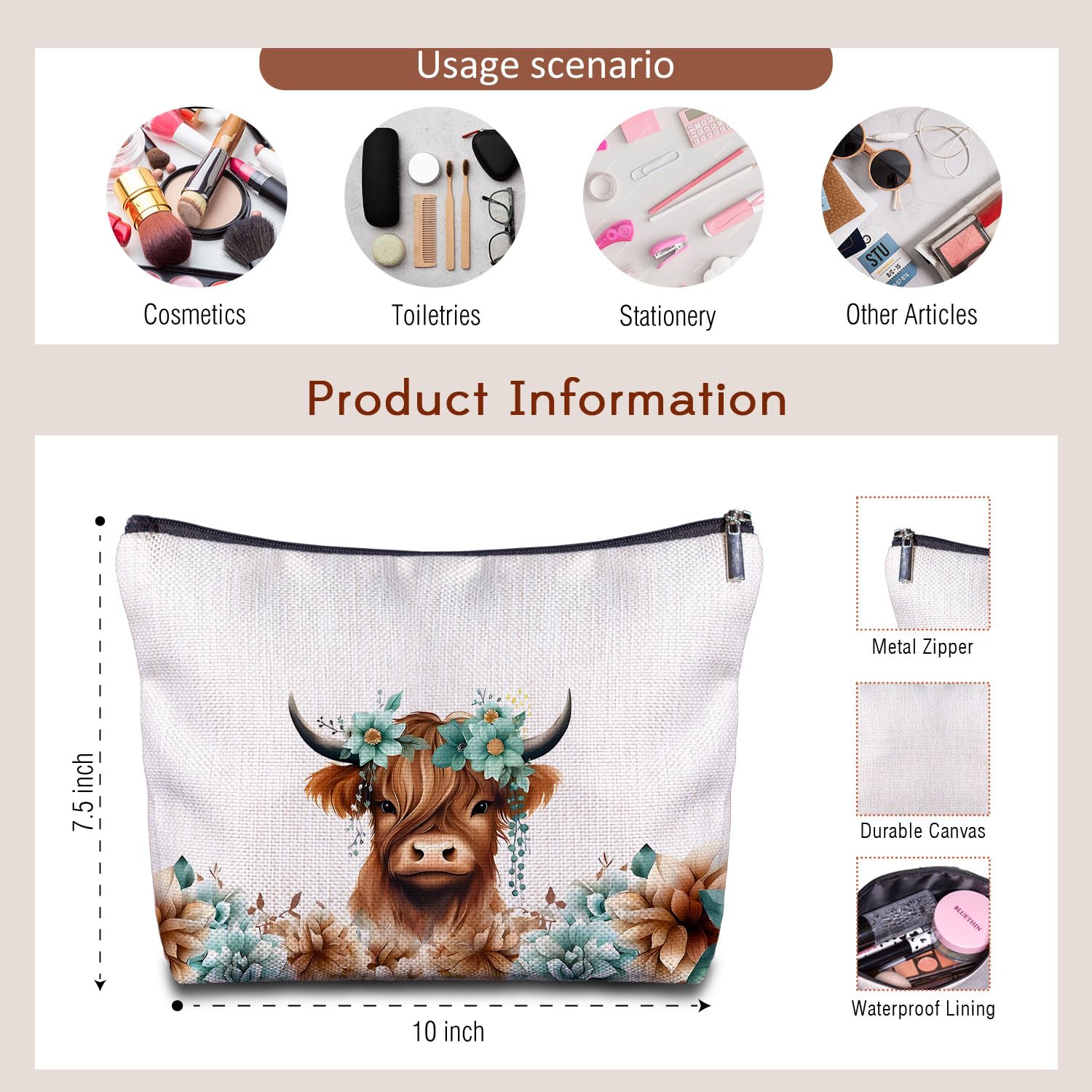 Highland Cow Makeup Bag with Summer Floral Design - Cute Cowgirl Cosmetic Pouch for Women, Zippered Travel Toiletry Bag - Perfect for Travel, Gifts & Daily Use