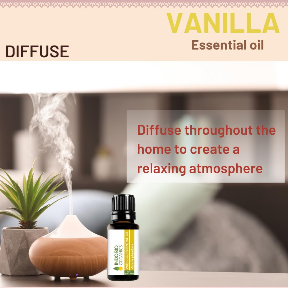 INDO BIO ORGANICS Pure Vanilla Essential Oil 15ml - Natural Skin, Face & Hair Care, Aromatherapy Diffuser, Candle Making - Relaxing Vanilla Scent for Stress Relief & Home Spa
