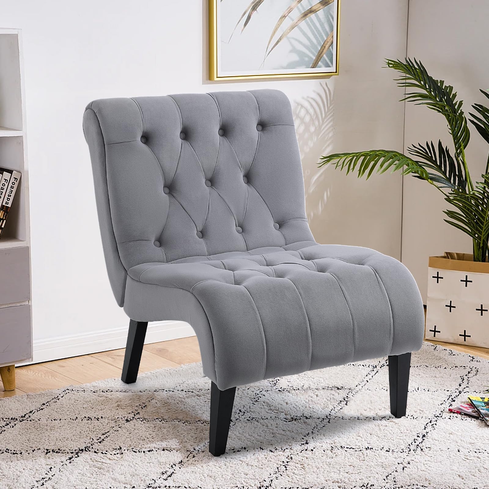 ECOTOUGE Velvet Upholstered Accent Chair - Armless Lounge Chair with Sturdy Wood Legs, Button Tufted Seat & Back for Ultimate Comfort | Perfect Reading Chair for Bedroom, Living Room & Home Office | Elegant Grey Home Decor