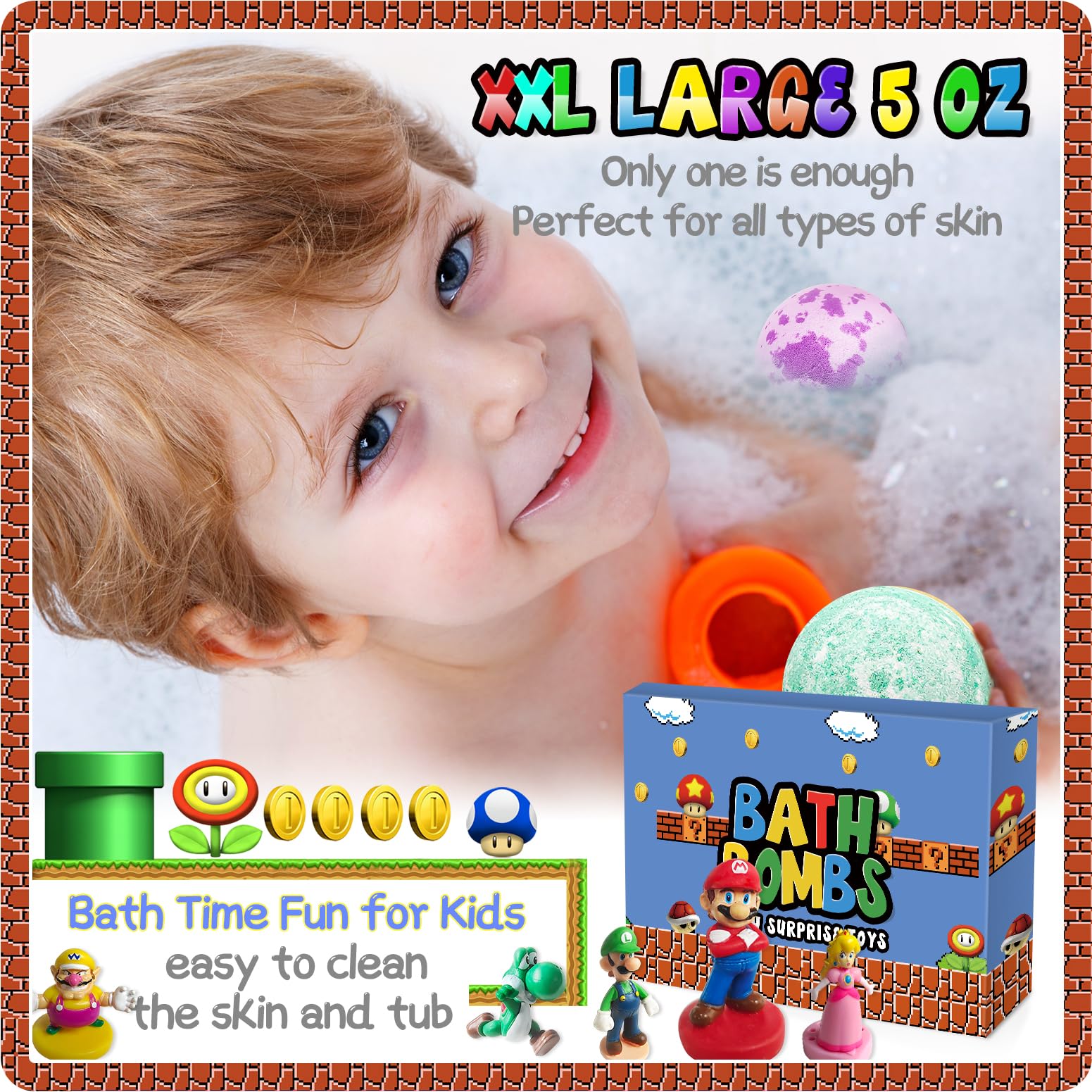 XXL Mario Bath Bombs with Toys Inside for Kids - Organic, Natural Essential Oils Rich Bath Bombs Gift Set for Dry Skin Moisturizing - Perfect for Girls & Boys Spa Bath, Birthday Gifts & Relaxation Time