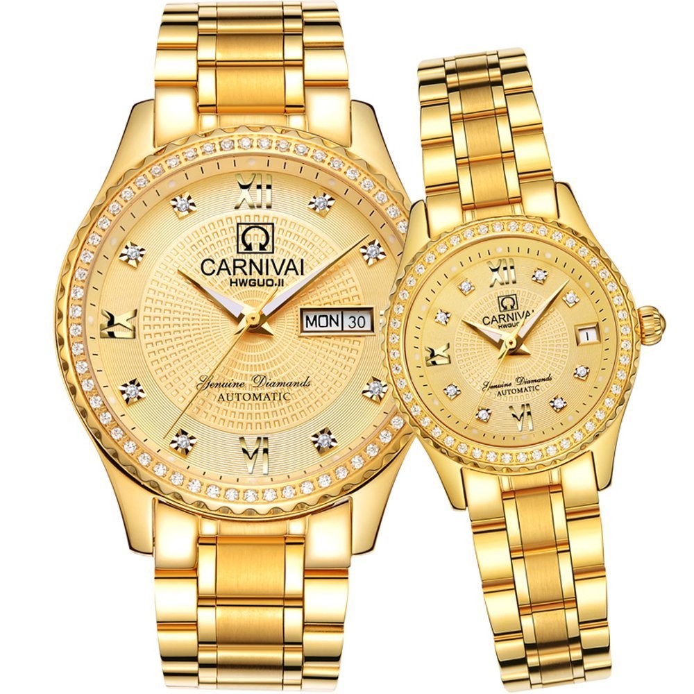 Premium Automatic Dress Watches for Men & Women - Gold & Silver Stainless Steel Couple Watch Set (His & Hers) - Perfect for Weddings, Anniversaries & Formal Occasions
