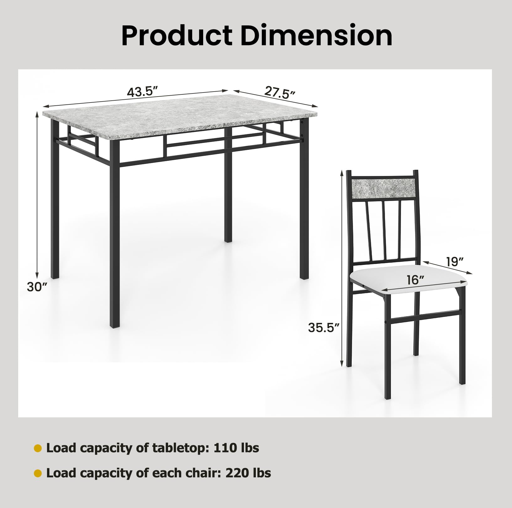 Tangkula 4-Piece Dining Table Set with Metal Frame & Padded Chairs - Compact Kitchen Table and Chairs for Small Spaces - Perfect for Apartments, Breakfast Nooks, and Cozy Dining Rooms