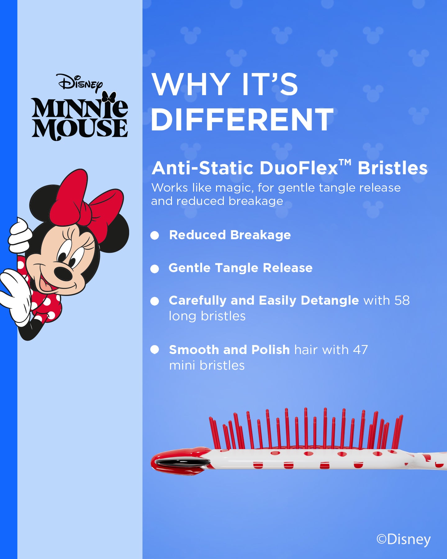 UNbrush Disney Detangling Brush for Kids - Minnie Mouse Design, Tangle-Free Hair Brush for Smooth & Painless Brushing - Perfect for Travel, School & Daily Hair Care