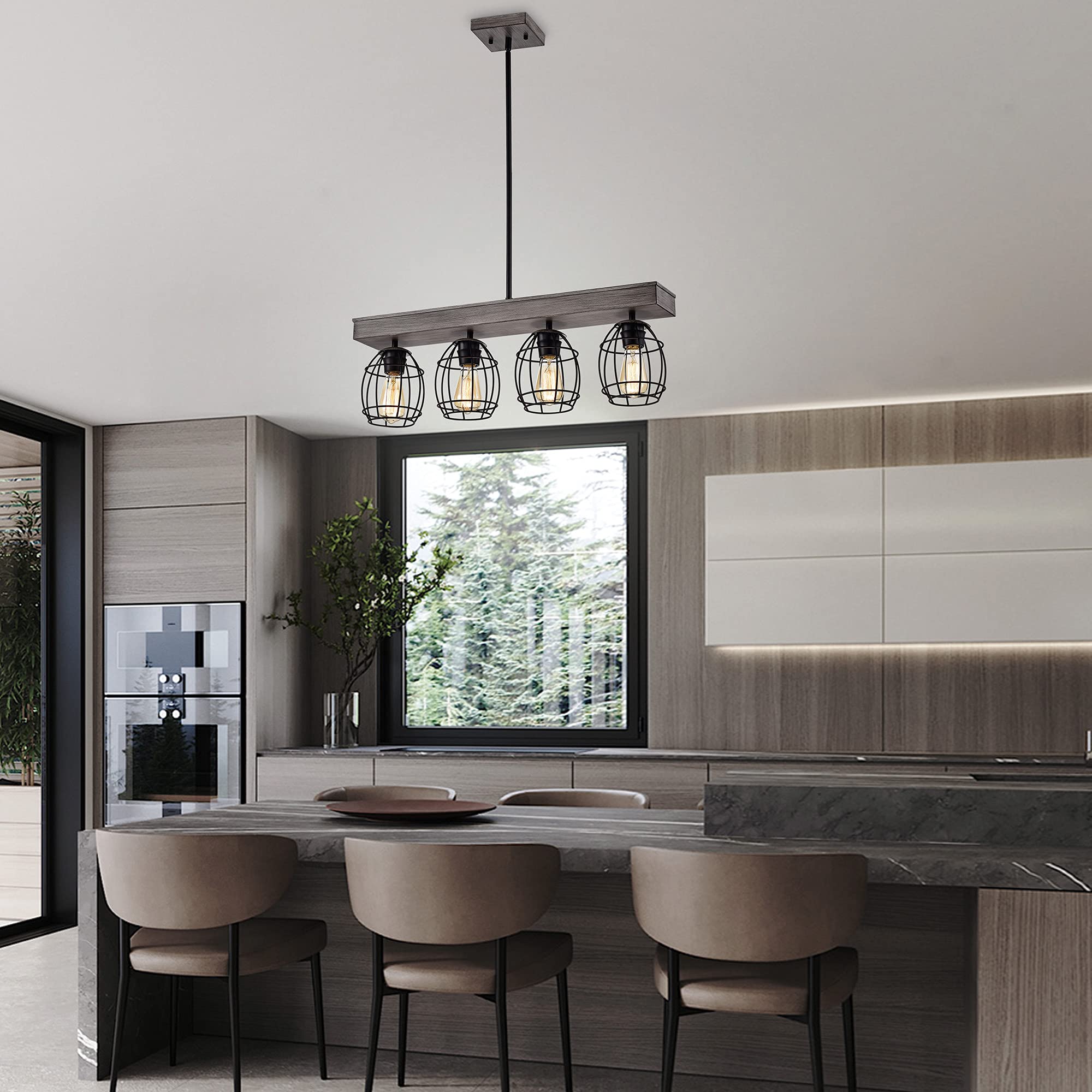 Modern Farmhouse Linear Kitchen Island Pendant Light - 4-Light Black & Wood Chandelier with Cage Design for Kitchen, Dining Room & Breakfast Nook | Rustic Industrial Lighting Fixture for Home Decor