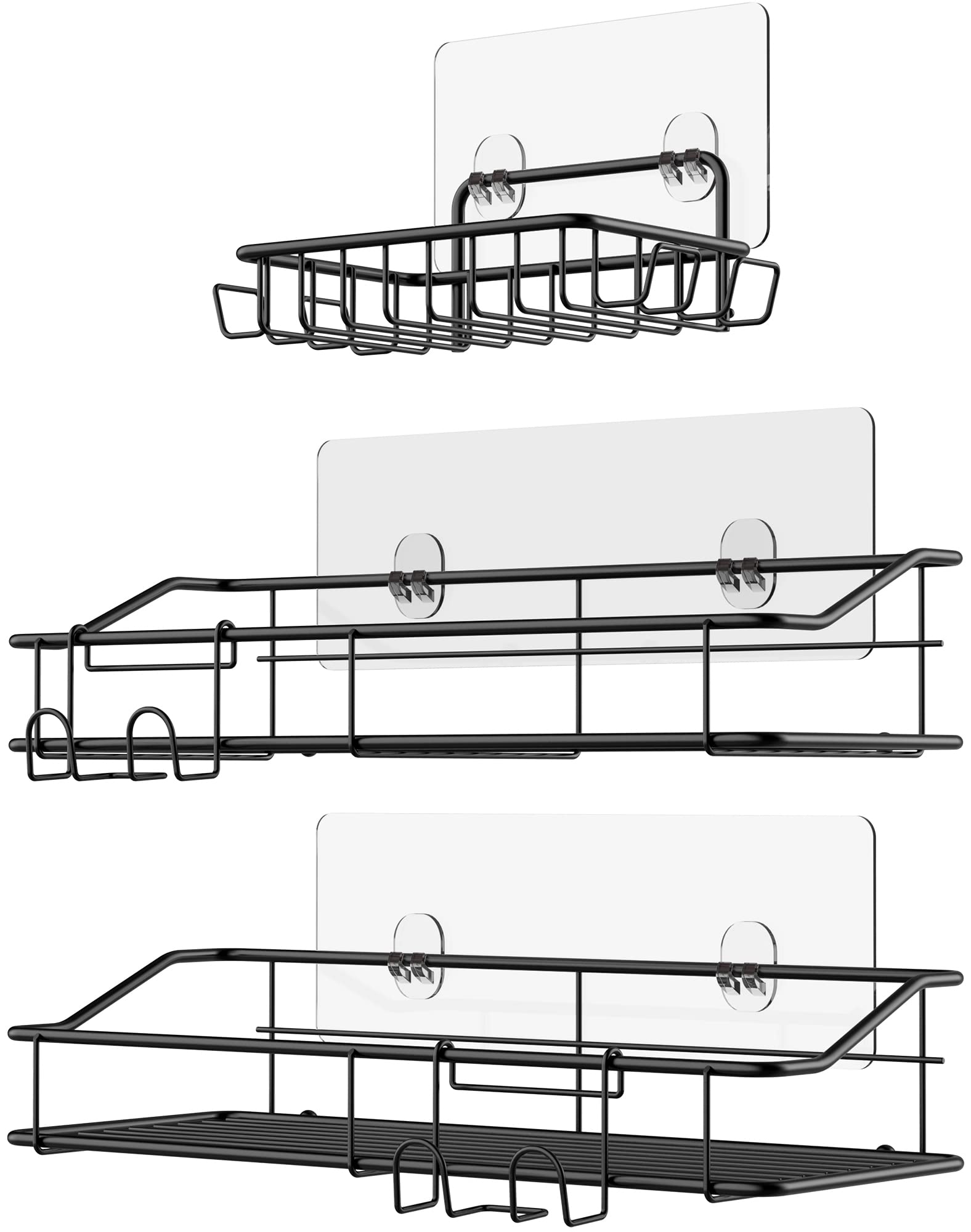 Stainless Steel Shower Caddy with Hooks - 3 Pack Black | No Drill Adhesive Bathroom Organizer for Shampoo, Conditioner & Soap | Rustproof SUS304 Steel | Perfect for Shower, Kitchen & Bath Storage