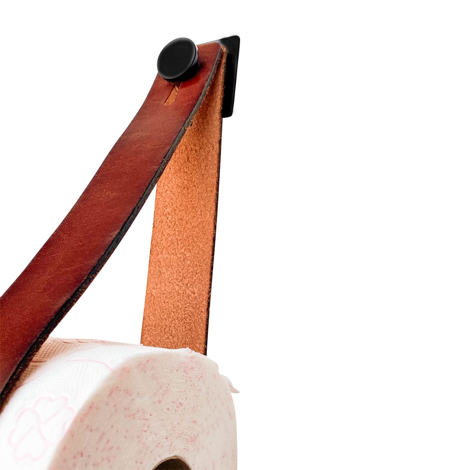 Premium Leather Toilet Paper Holder - No Drill Hanging Bathroom Tissue Roll Dispenser - Genuine Full Grain Leather - Cognac Brown - Ideal for Bathroom, Vanity, Cupboard & RV Use