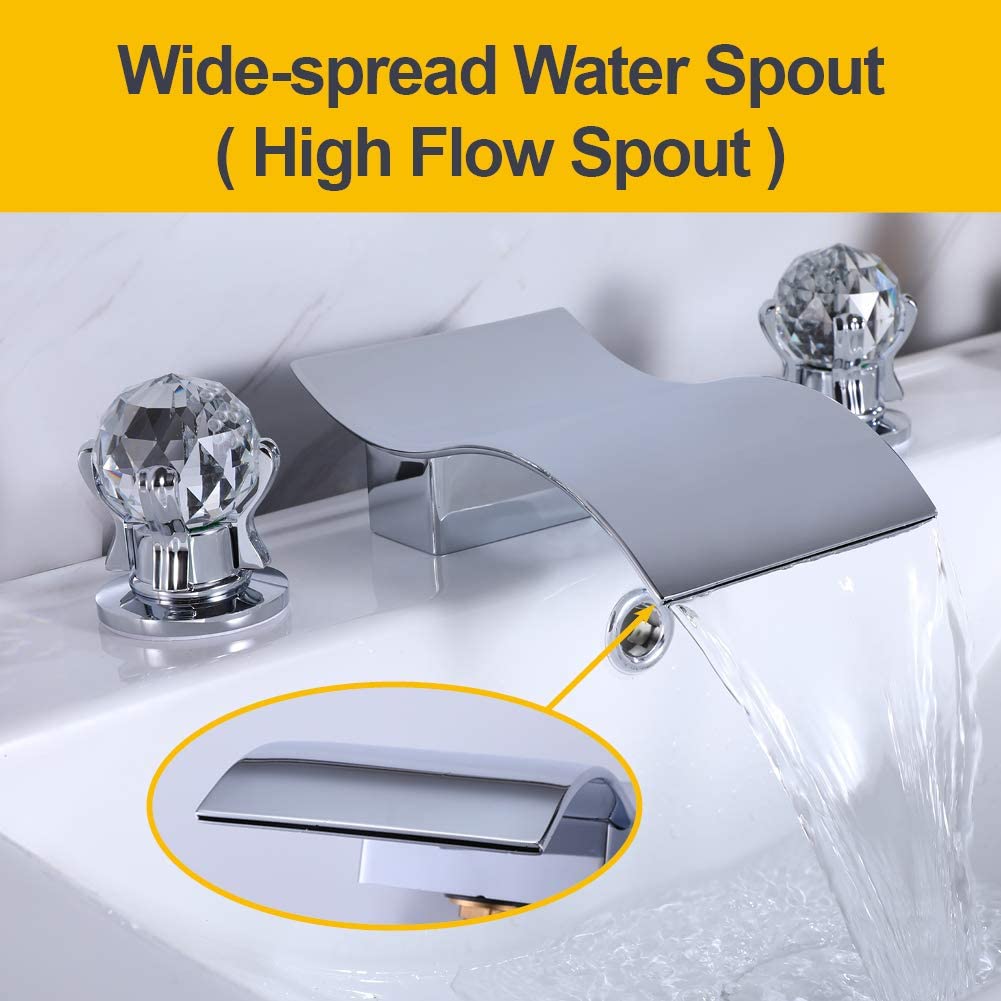 Chrome Bathtub Faucet with Handheld Shower - 3 Hole Bathroom Faucet with Waterfall Spout & 2 Crystal Knobs - Perfect for Modern Bathroom Renovation and Spa-Like Shower Experience