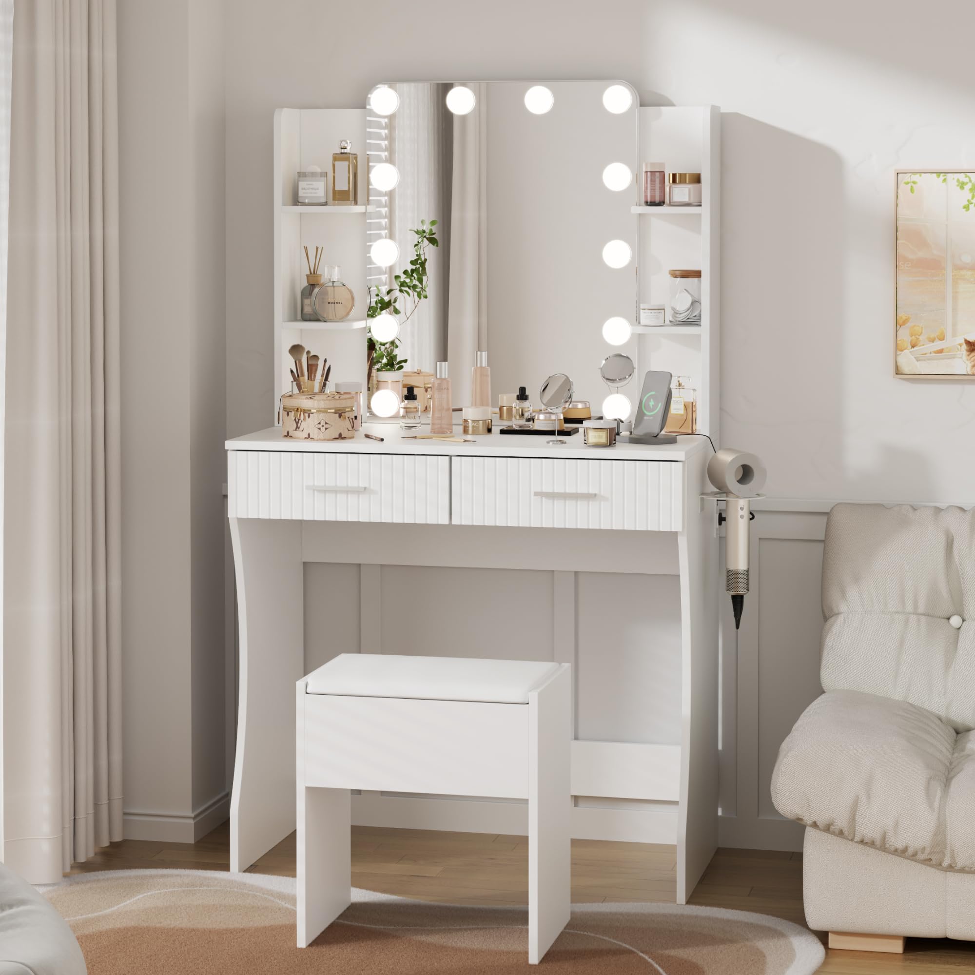 LED Vanity Desk with Lighted Mirror - Adjustable Makeup Vanity Set with 3 Lights, 2 Drawers & 4 Shelves, Includes Storage Stool - Perfect for Bedroom, Dressing Room & Beauty Salon (White)