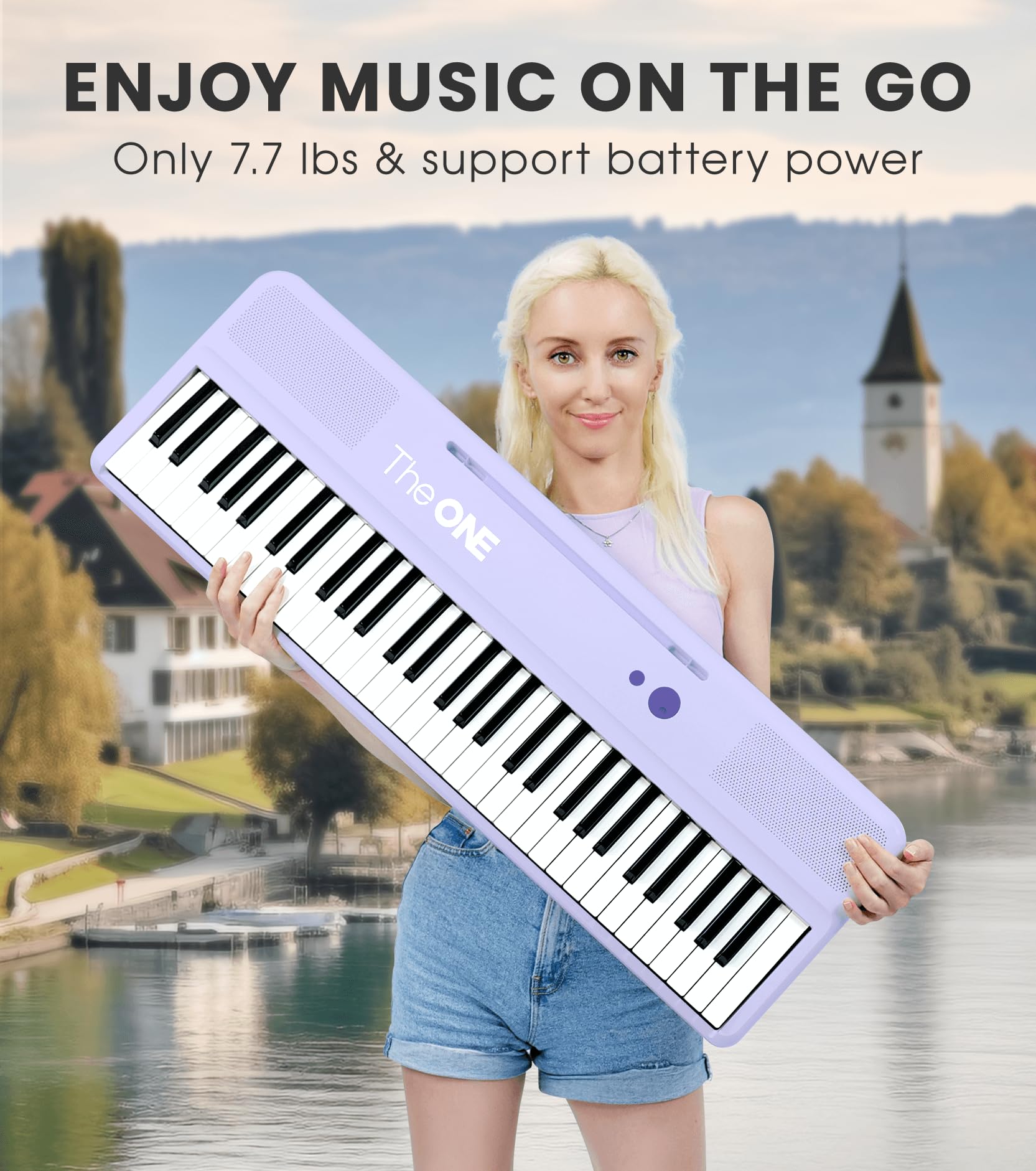The ONE Smart Keyboard COLOR 61-Key Lighted Digital Piano for Beginners with 256 Tones, 64 Polyphony, Built-in LED Lights & Learning Apps - USB MIDI/Headphone Support (Purple) - Perfect for Home Practice, Music Lessons & Interactive Learning