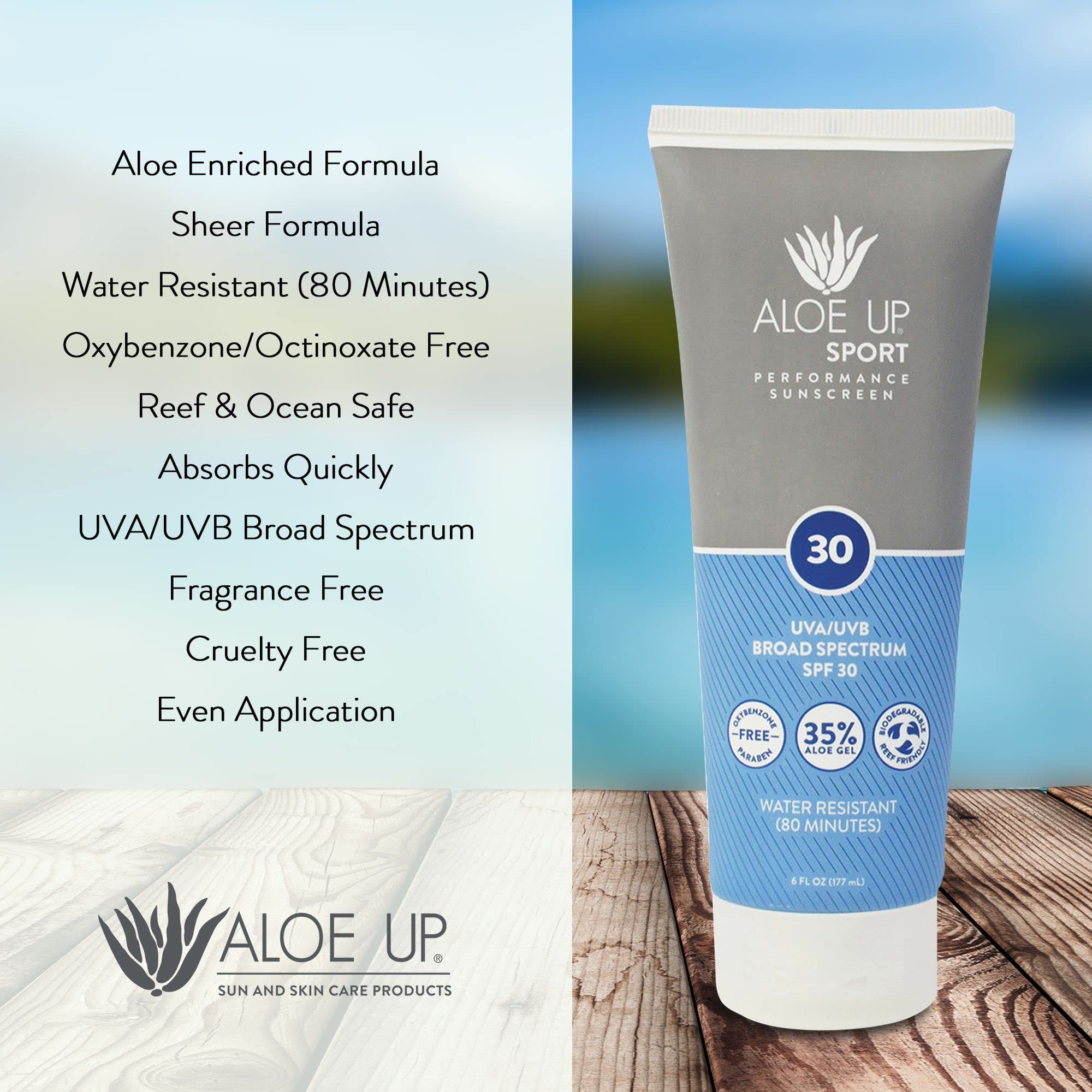 Aloe Up Sport Sunscreen Lotion SPF 30 - 6oz (177ml) - Water-Resistant Sun Protection for Active Outdoor Activities, Swimming, Hiking & Sports