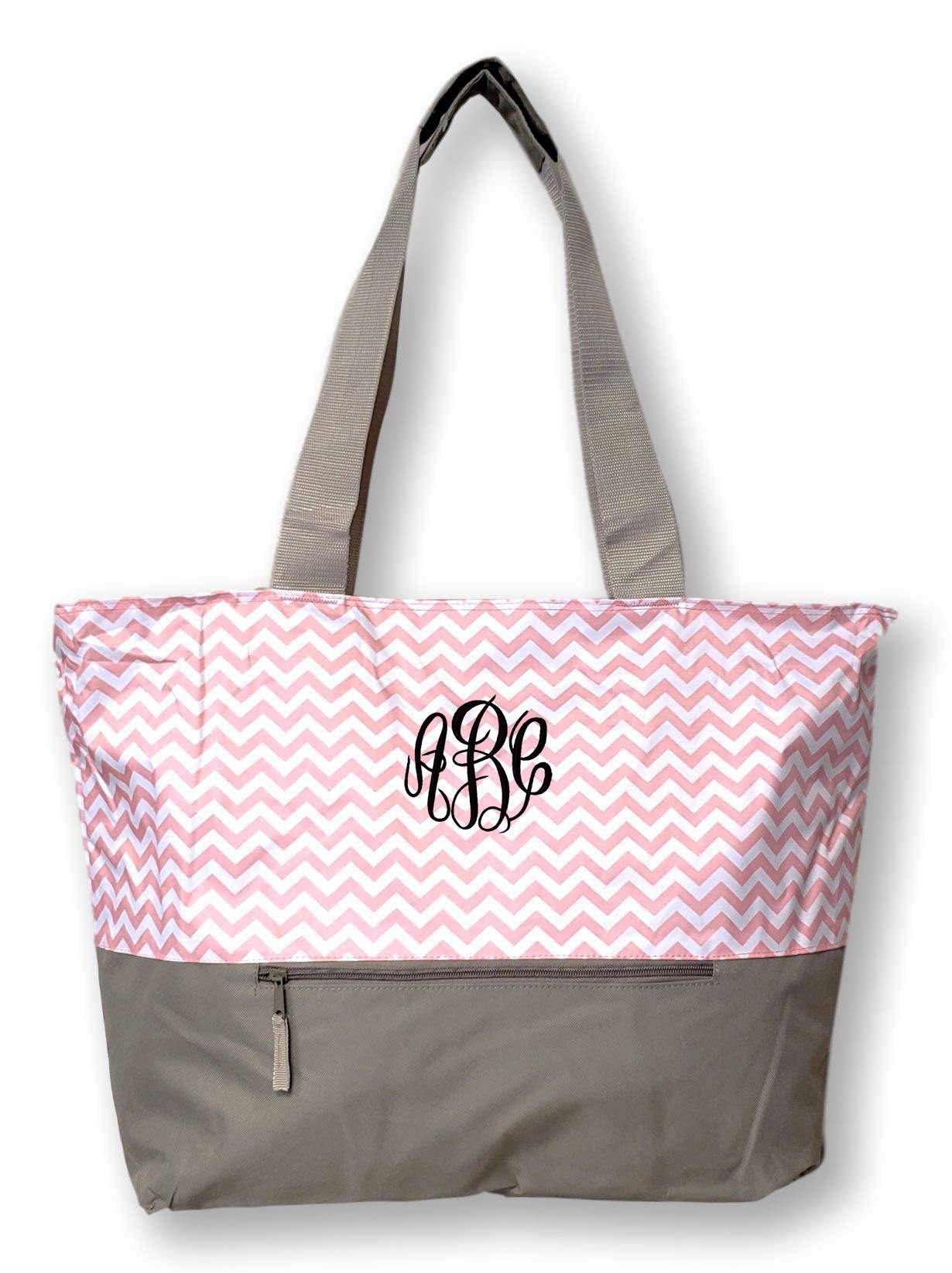 Personalized Monogrammed XL Beach Tote Bag - Chevron Print, Mesh Webbed Handles & Zippered Pocket | Perfect for Beach Trips, Poolside Lounging & Summer Travel Accessories