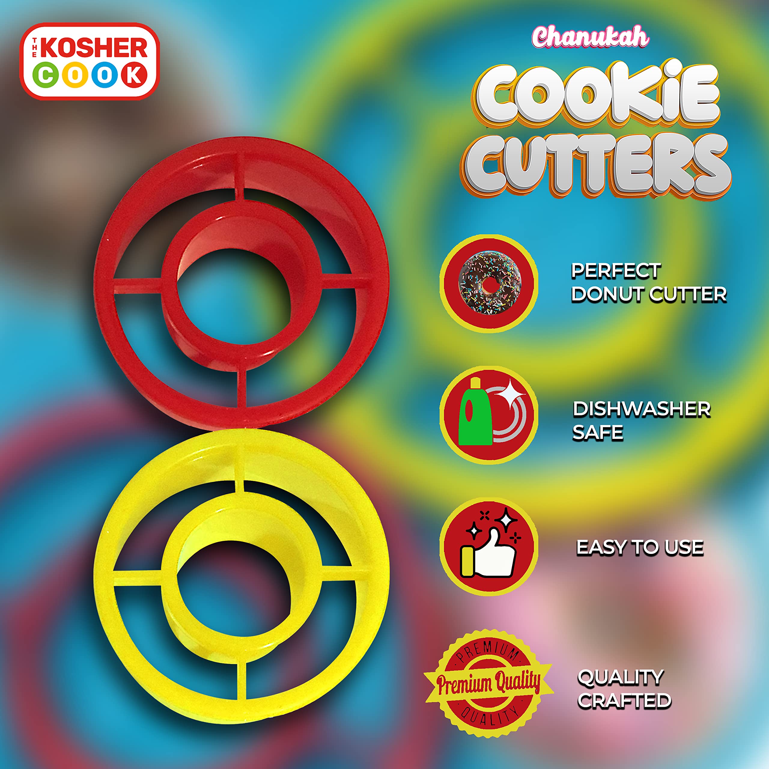 Hanukkah Donut Cookie Cutters Set of 2 - Plastic Kosher Donut Shaped Cookie Cutters for Baking - Perfect for Hanukkah Desserts, Holiday Cookies & Jewish Festival Treats